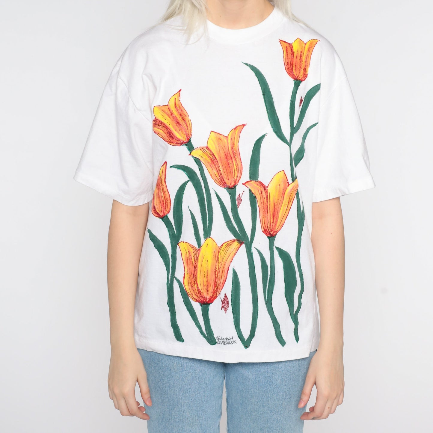 90s Hand Painted Floral T-Shirt Jackie Barbados Graphic Tee Medium