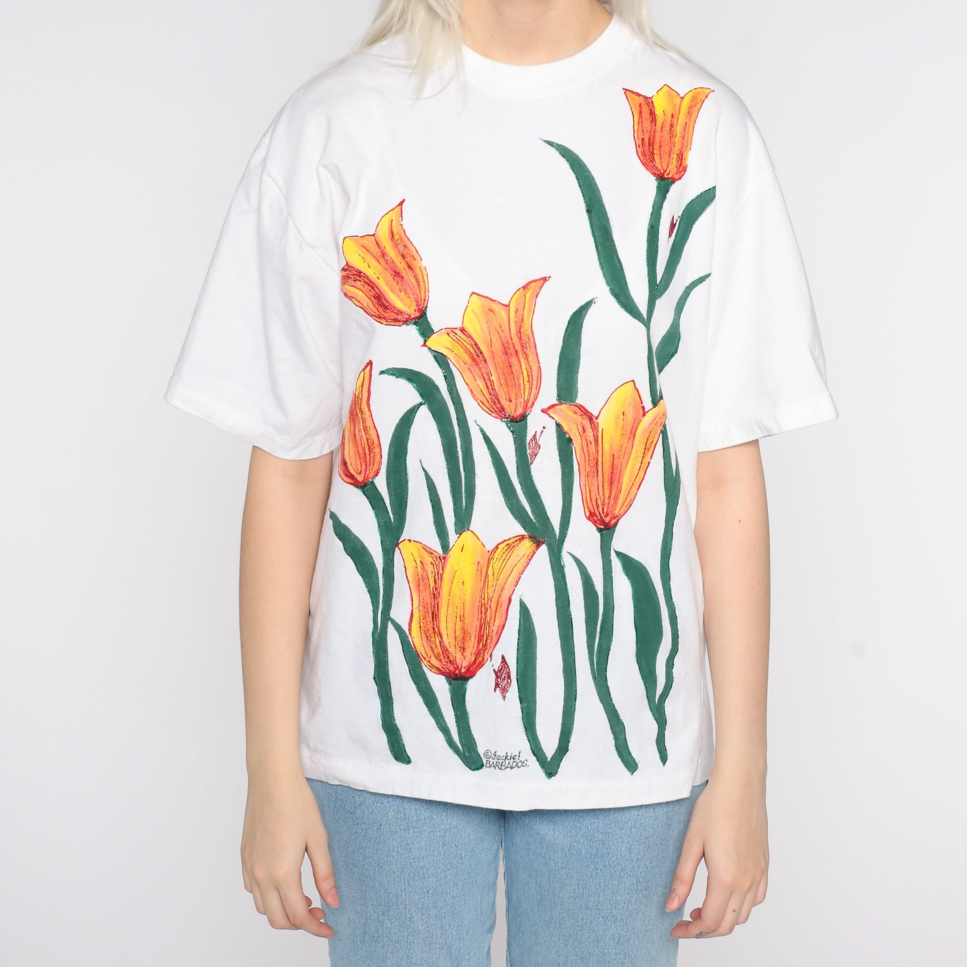 90s Hand Painted Floral T-Shirt Jackie Barbados Graphic Tee Medium