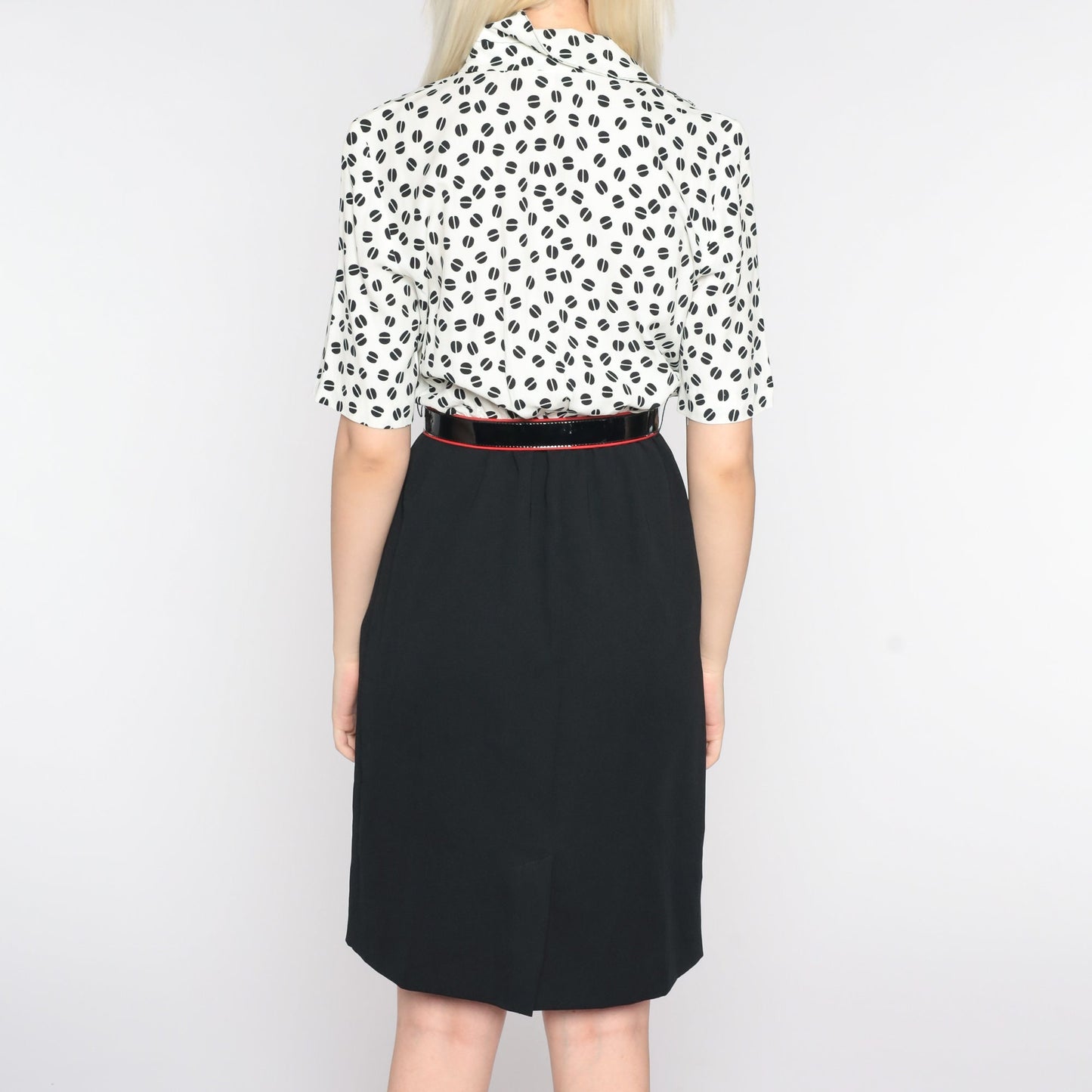 80s Black White Geometric Mini Shirtdress High Waist Button Front Extra Small