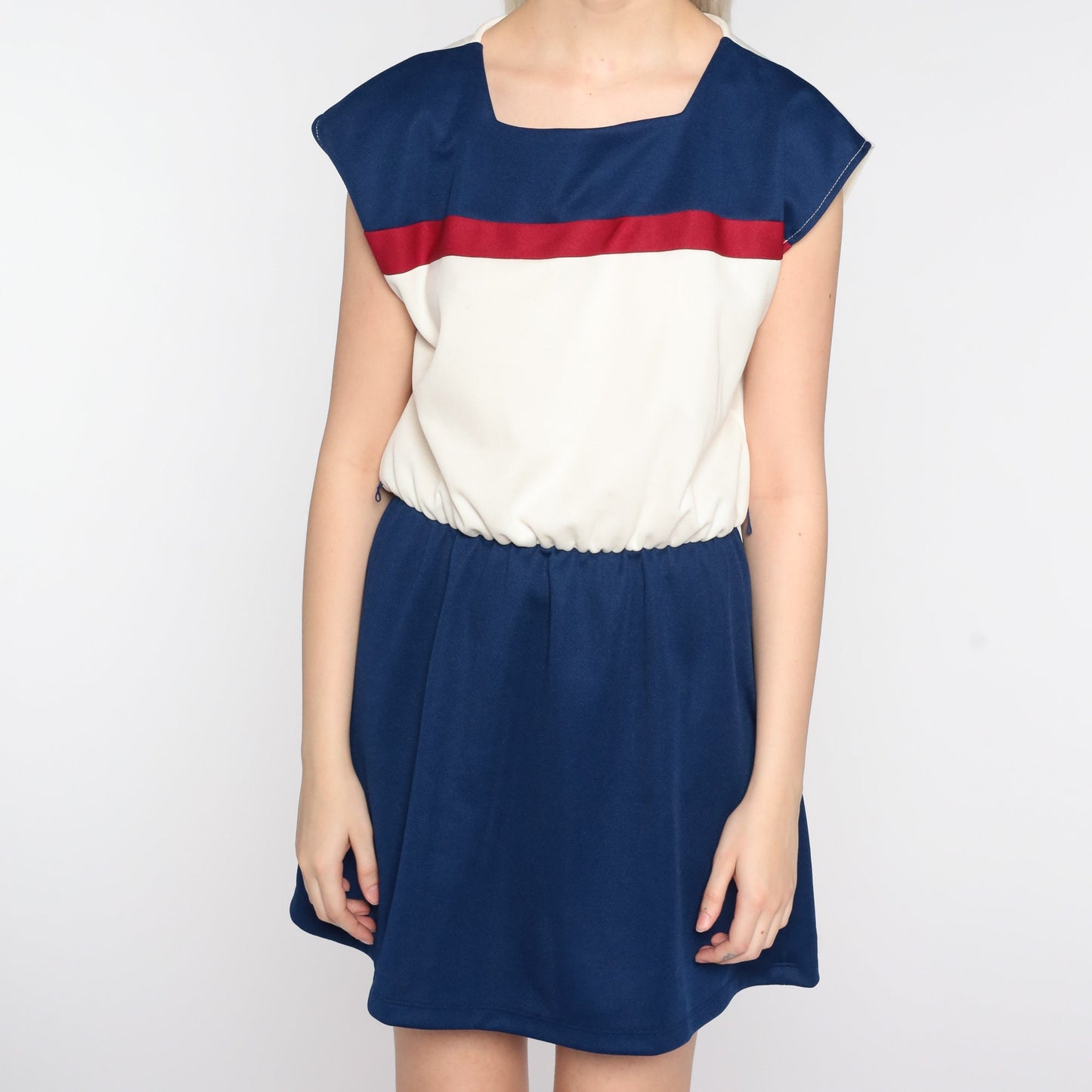 70s Striped Mini Dress White Blue Burgundy Cap Sleeve High Waist Medium