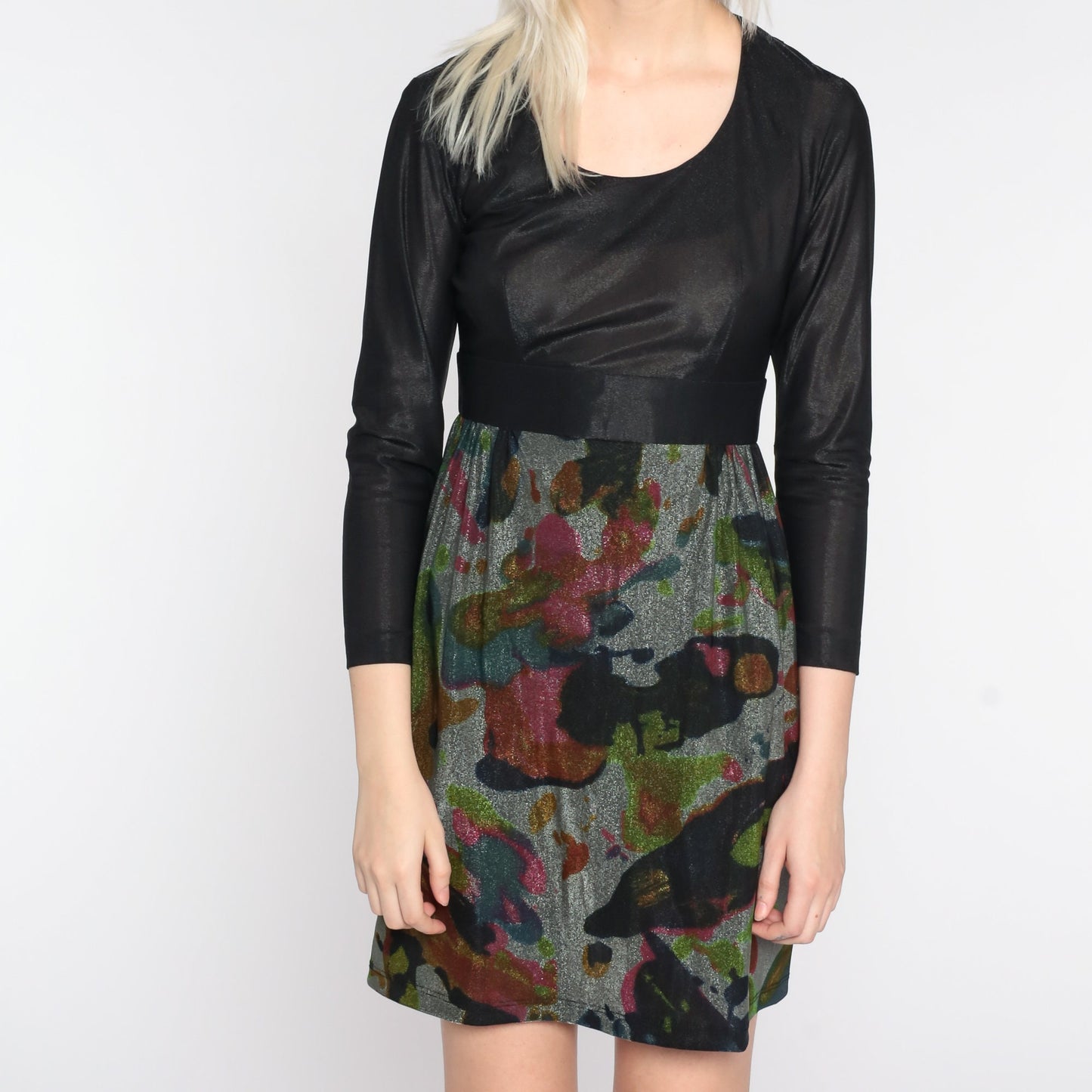 70s Black Metallic Mini Dress Long Sleeve Empire Waist Small