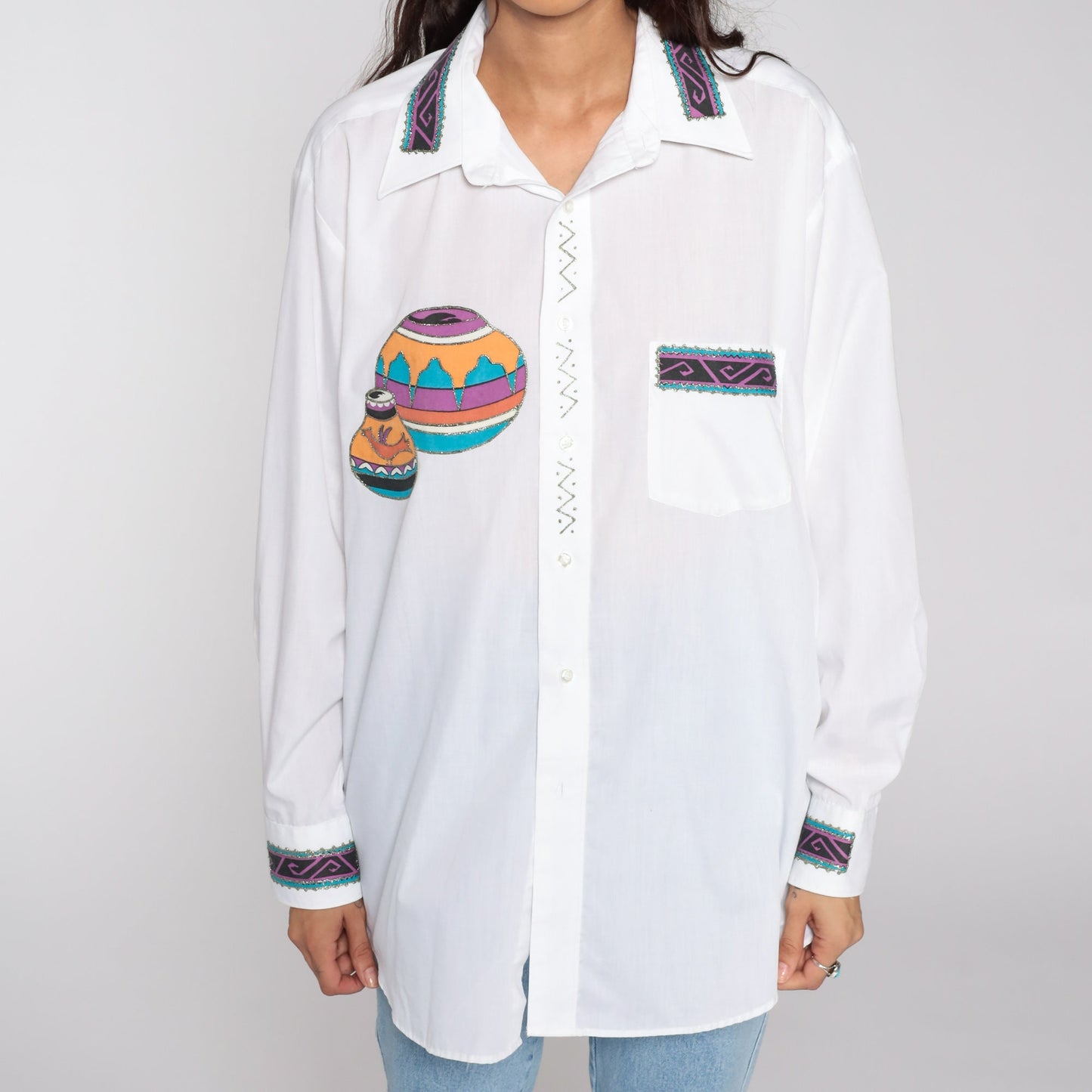 90s Southwestern Print Button Up Shirt White Gold Glitter Large