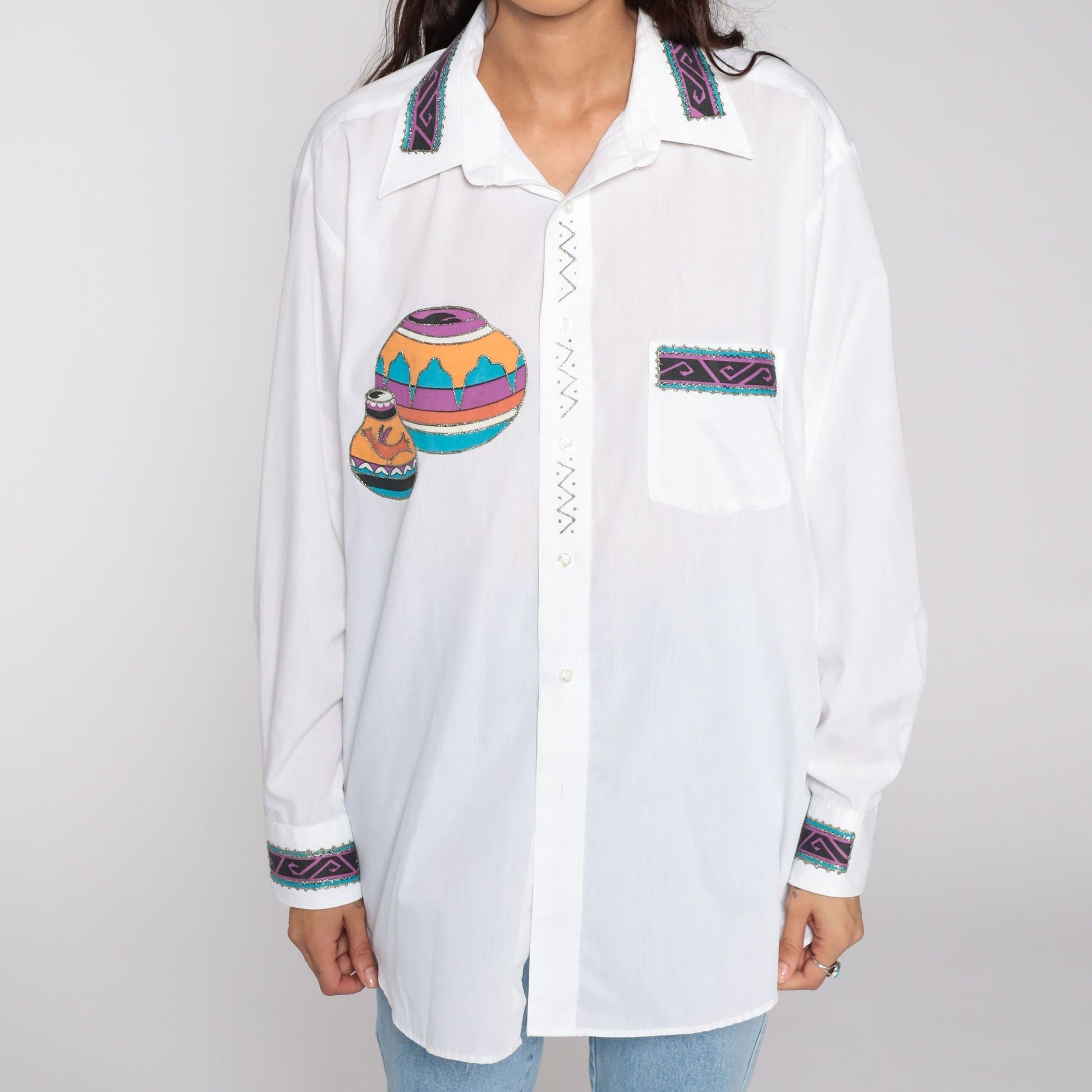90s Southwestern Print Button Up Shirt White Gold Glitter Large