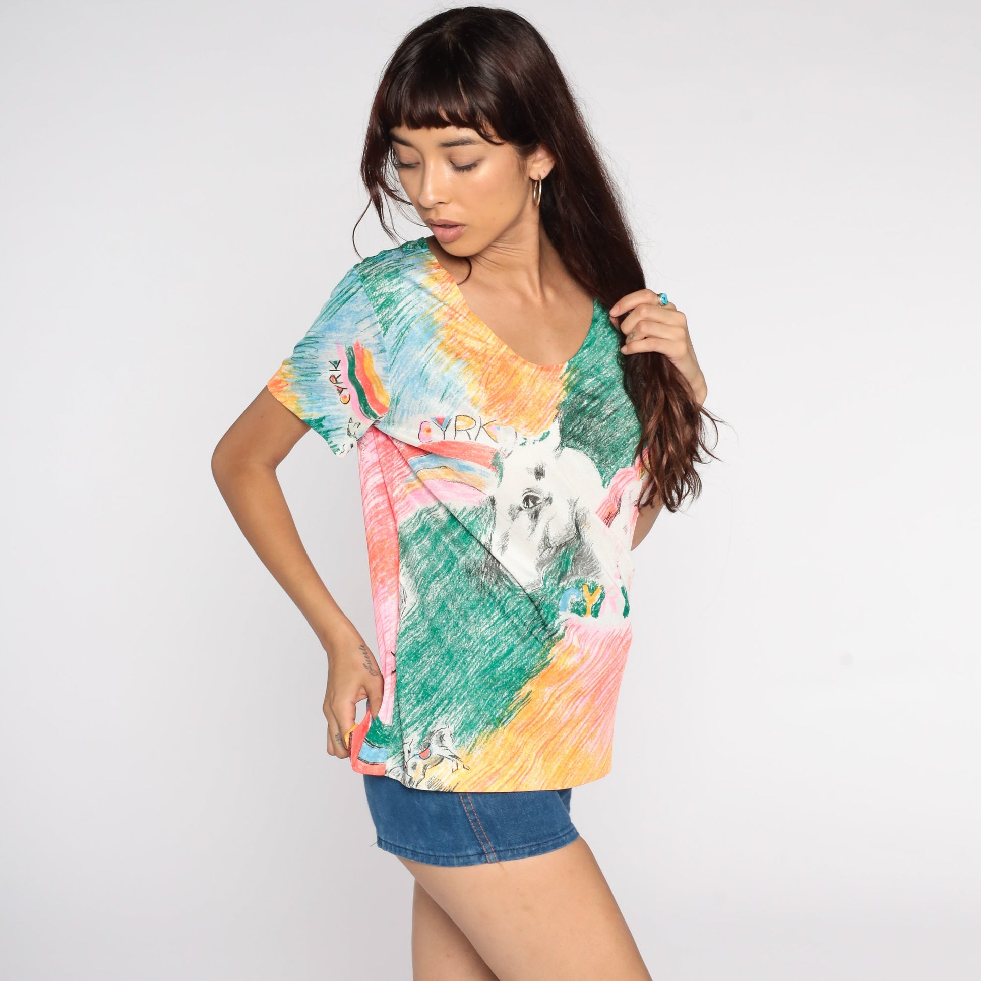 70s Cyrk Art Horse Rainbow Shirt Tunic Top Short Sleeve Large L