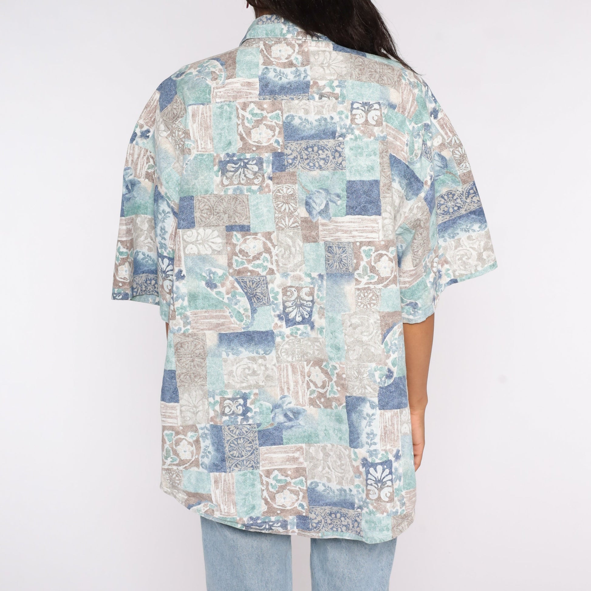 90s Floral Geometric Button-Up Blouse Blue Cotton XXL