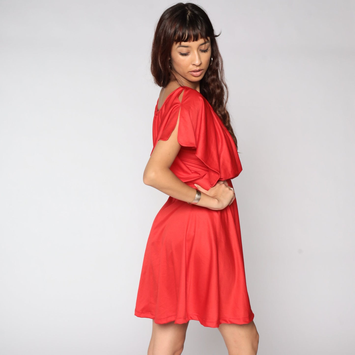 70s Red Grecian Mini Dress High Waist Flutter Sleeve Capelet Small