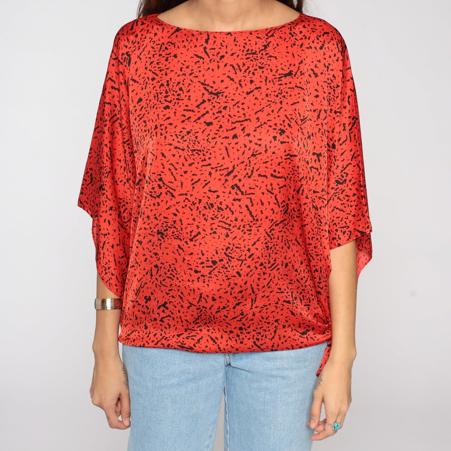80s Red Confetti Flecked Dolman Blouse Plus Size XXL