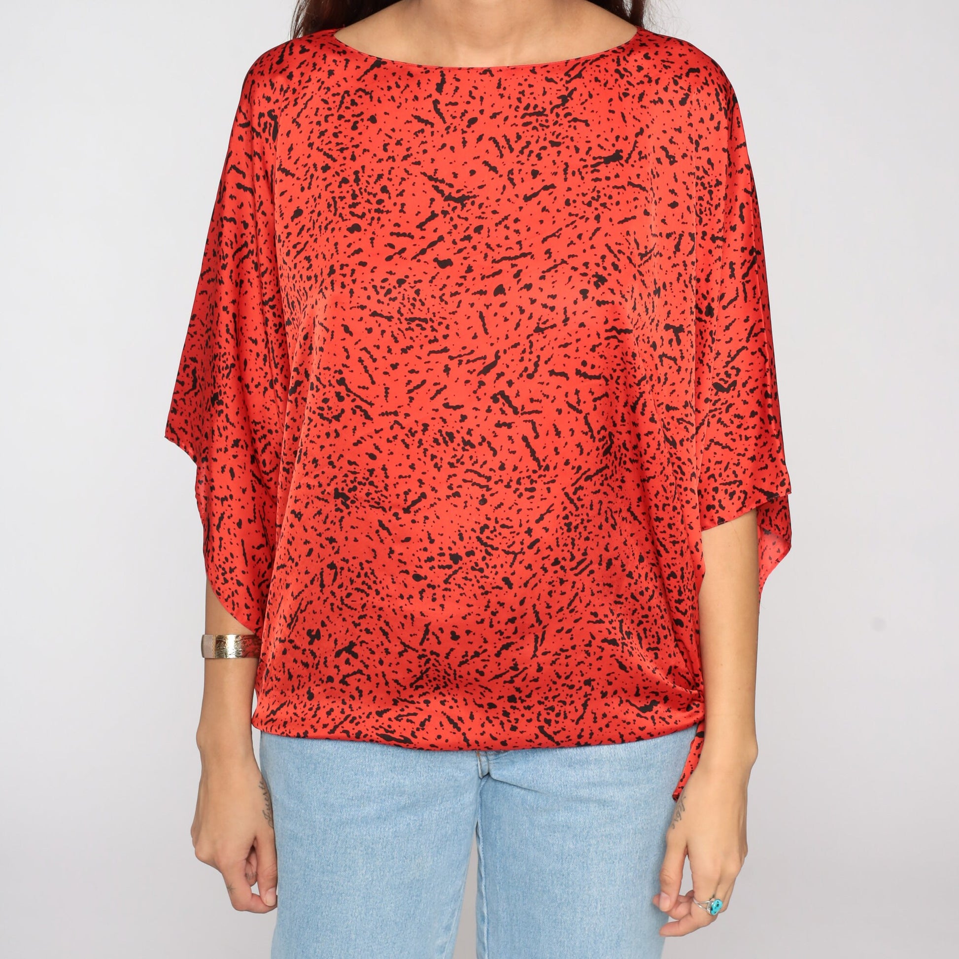80s Red Confetti Flecked Dolman Blouse Plus Size XXL