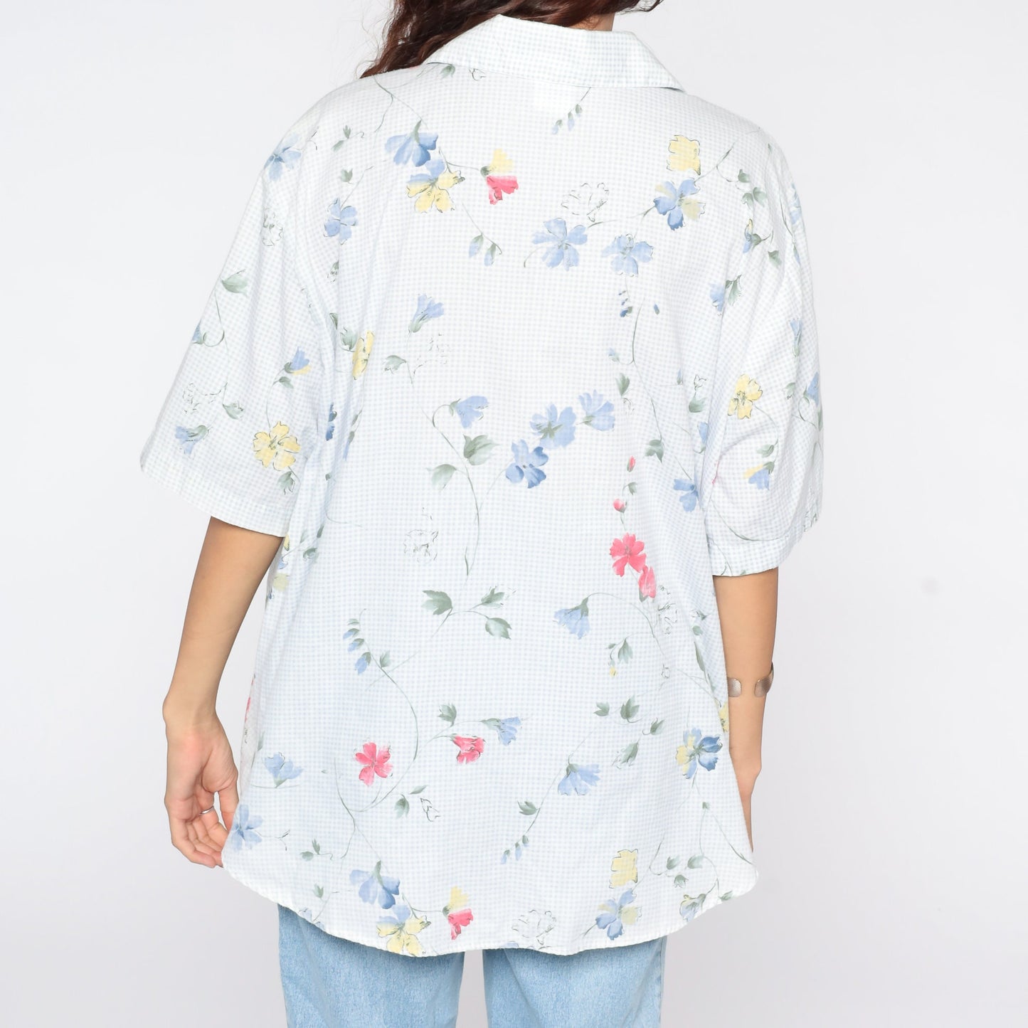 90s Floral Button-Up Blouse Blue Gingham Short Sleeve Shirt Plus Size 20W