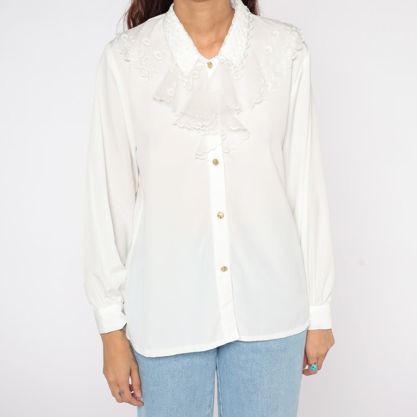 80s White Tuxedo Ruffle Blouse Long Sleeve Button Up Large