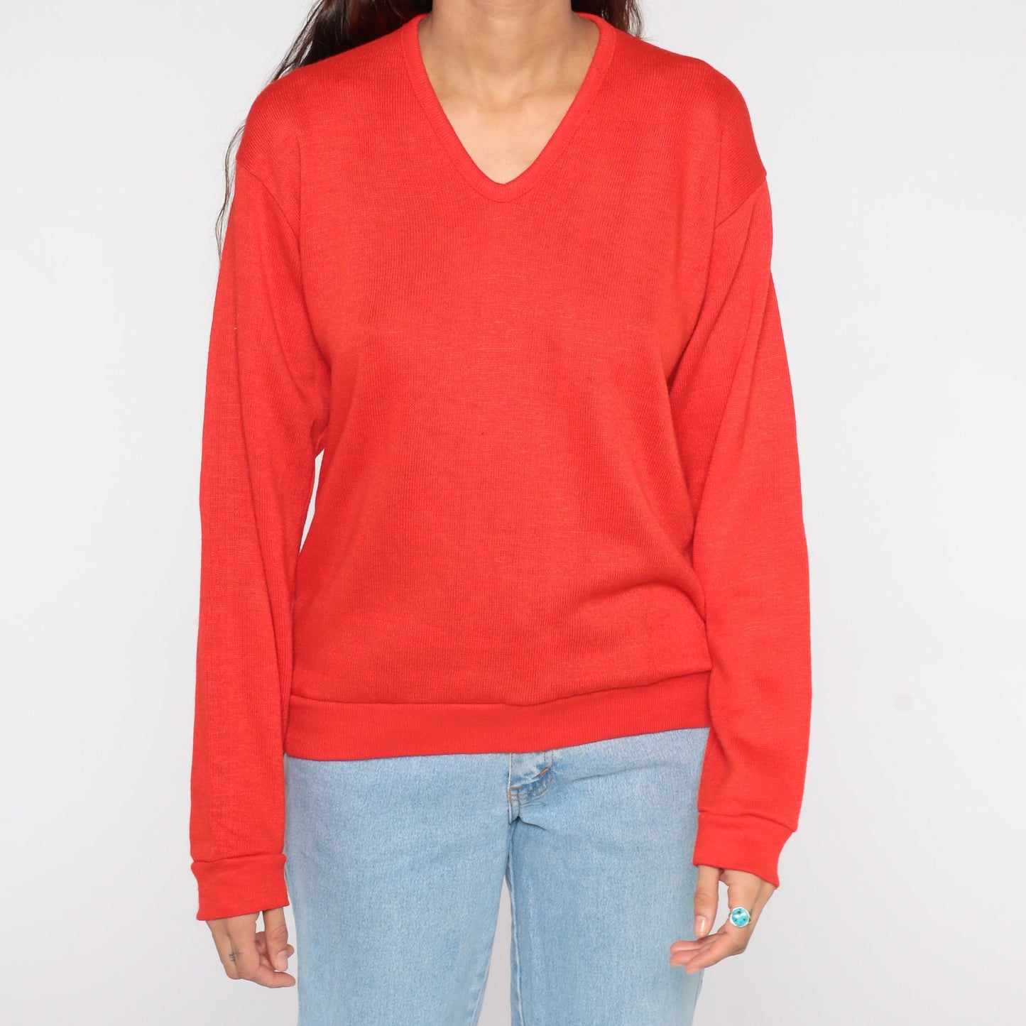 80s Red V-Neck Knit Sweater Slouchy Pullover Medium