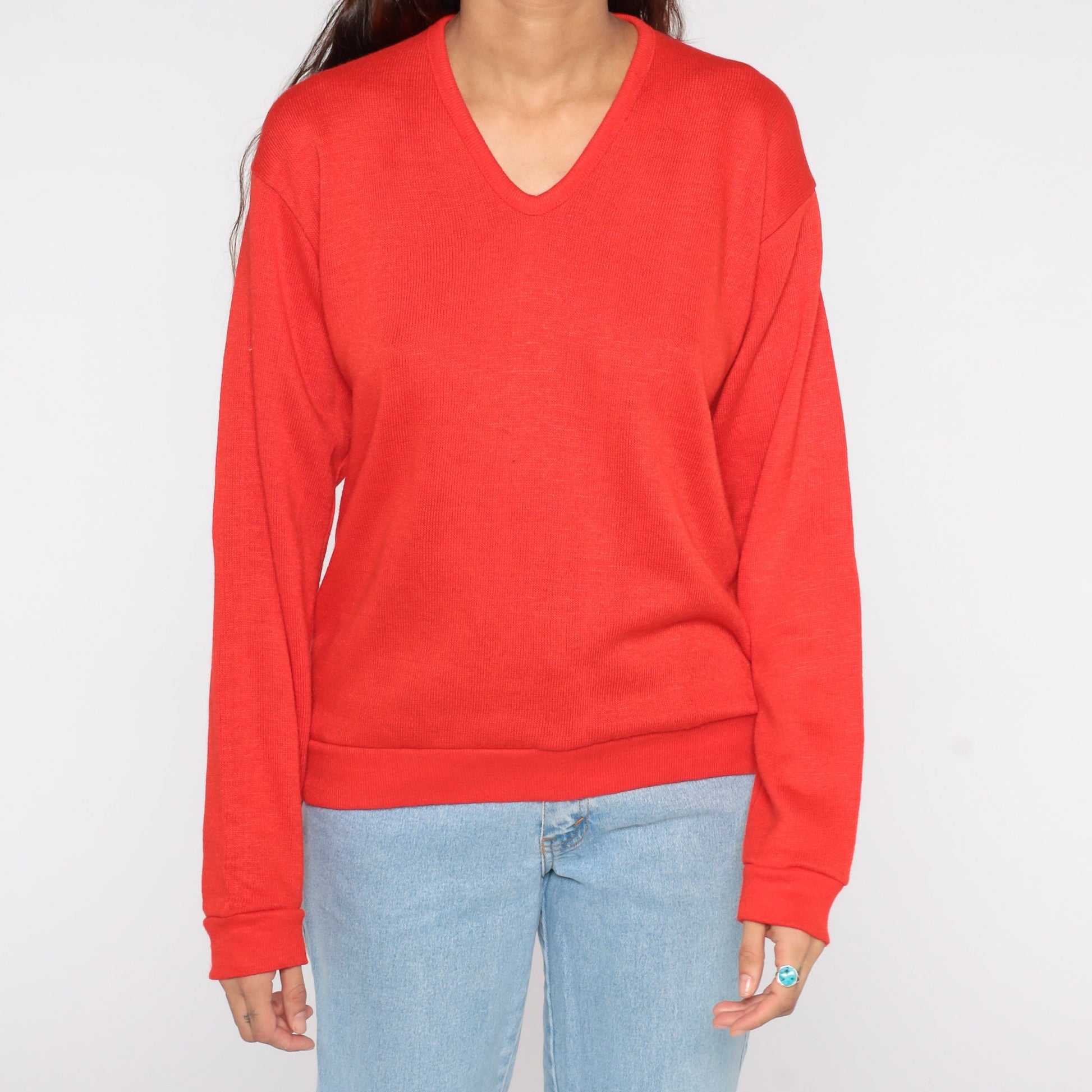 80s Red V-Neck Knit Sweater Slouchy Pullover Medium
