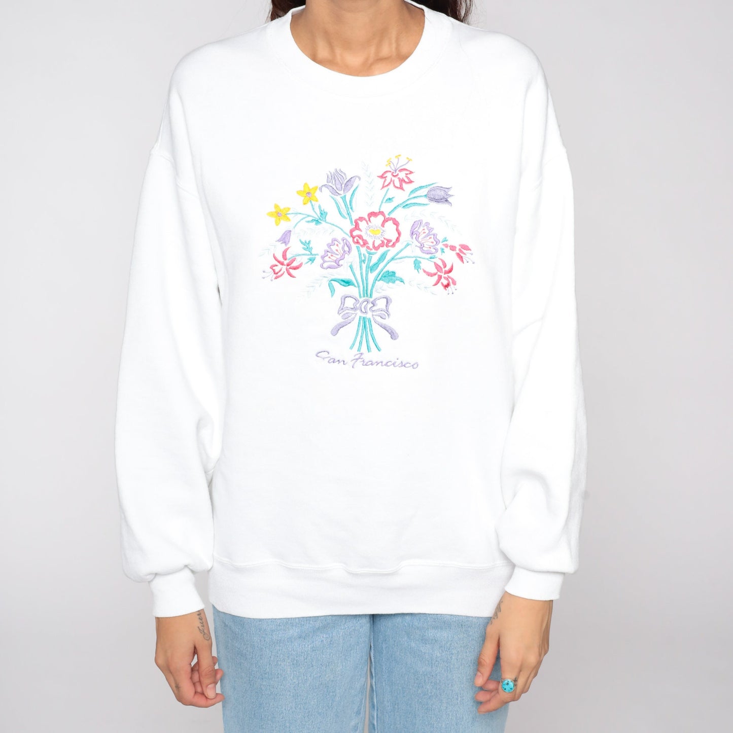 80s San Francisco Embroidered Sweatshirt White Floral Crewneck Large L