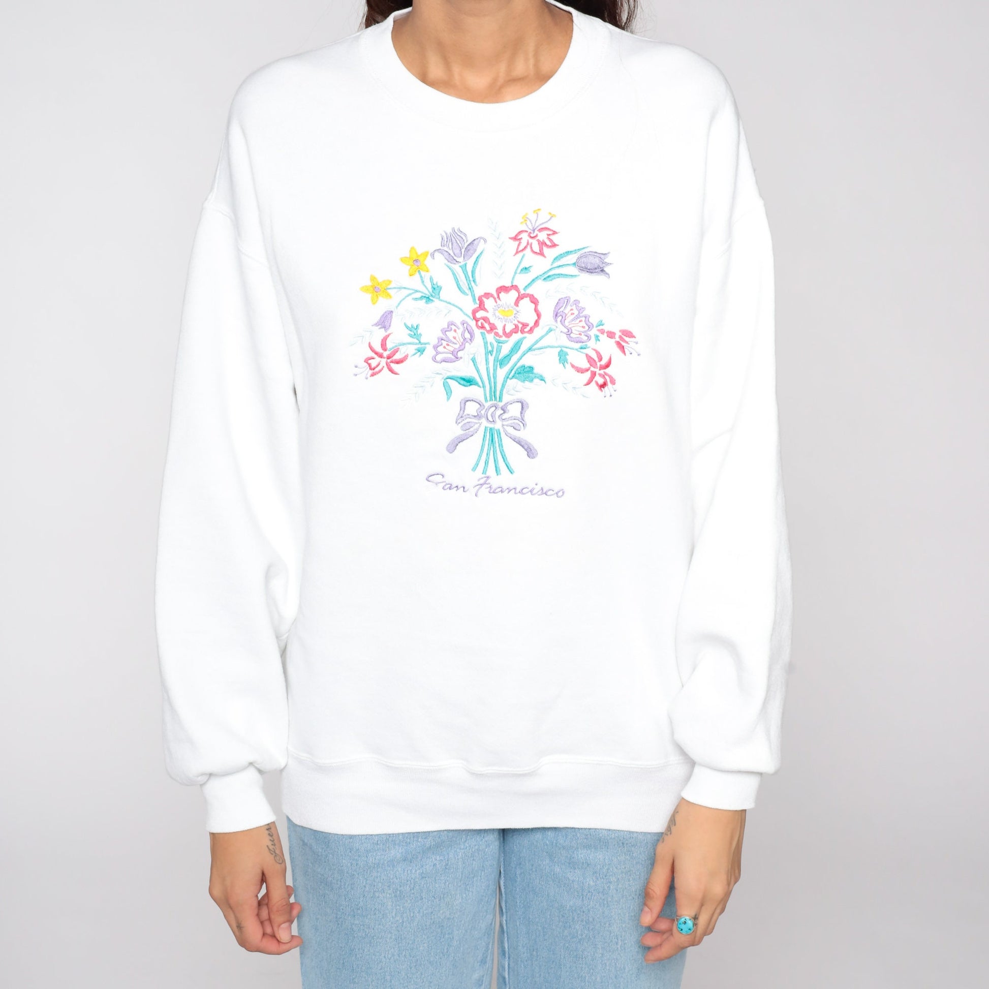 80s San Francisco Embroidered Sweatshirt White Floral Crewneck Large L