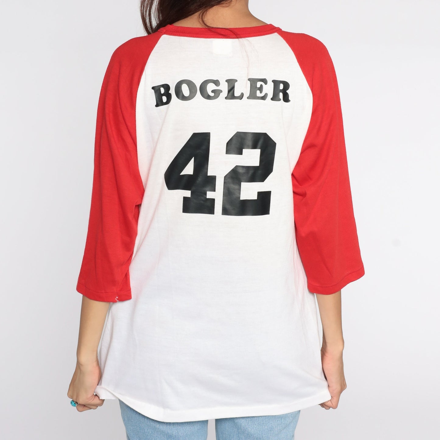 80s Harlan Cyclones Bogler Raglan Baseball Tee White Red Extra Large