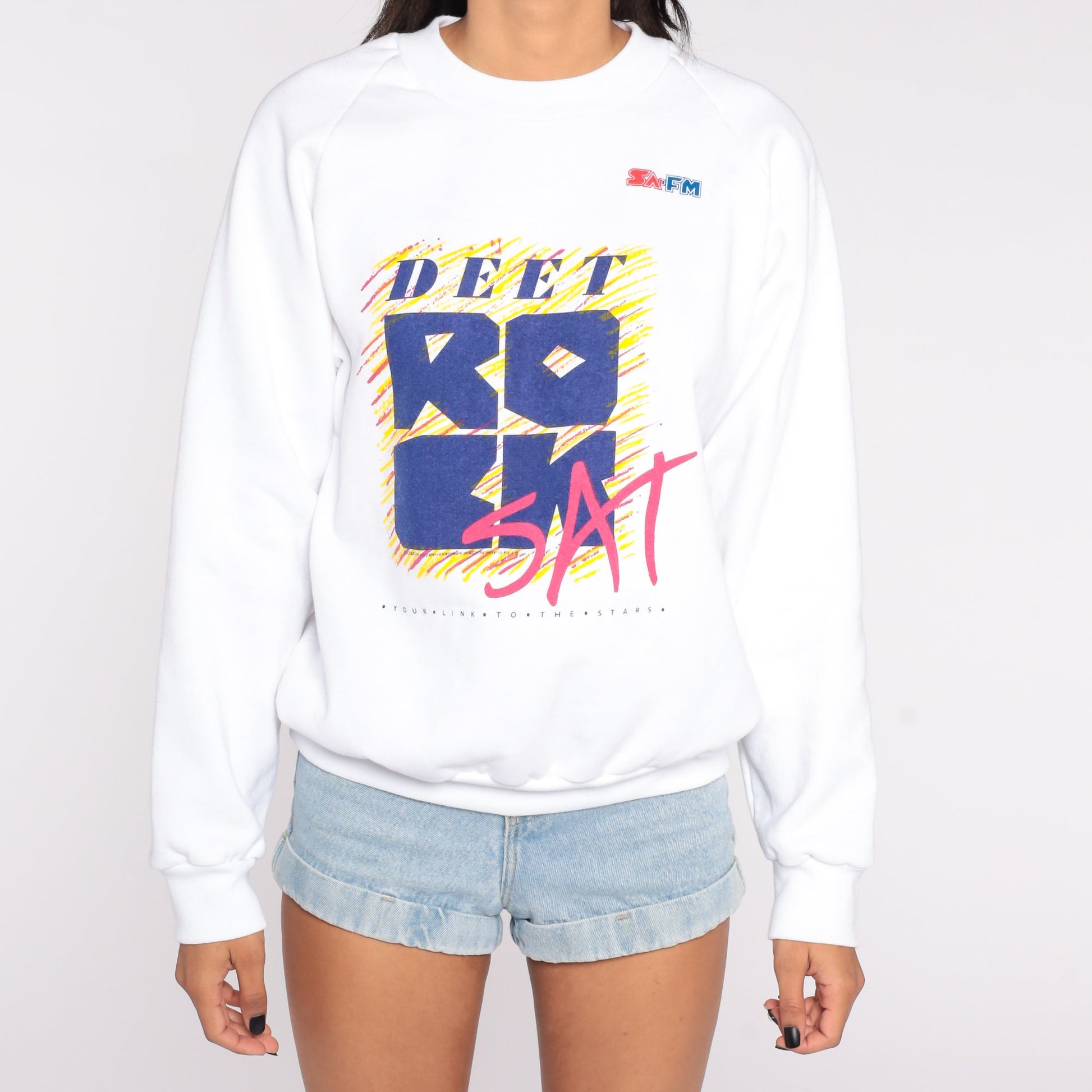 90s Deet Rocksat Australia Radio Graphic Sweatshirt White Crewneck Large