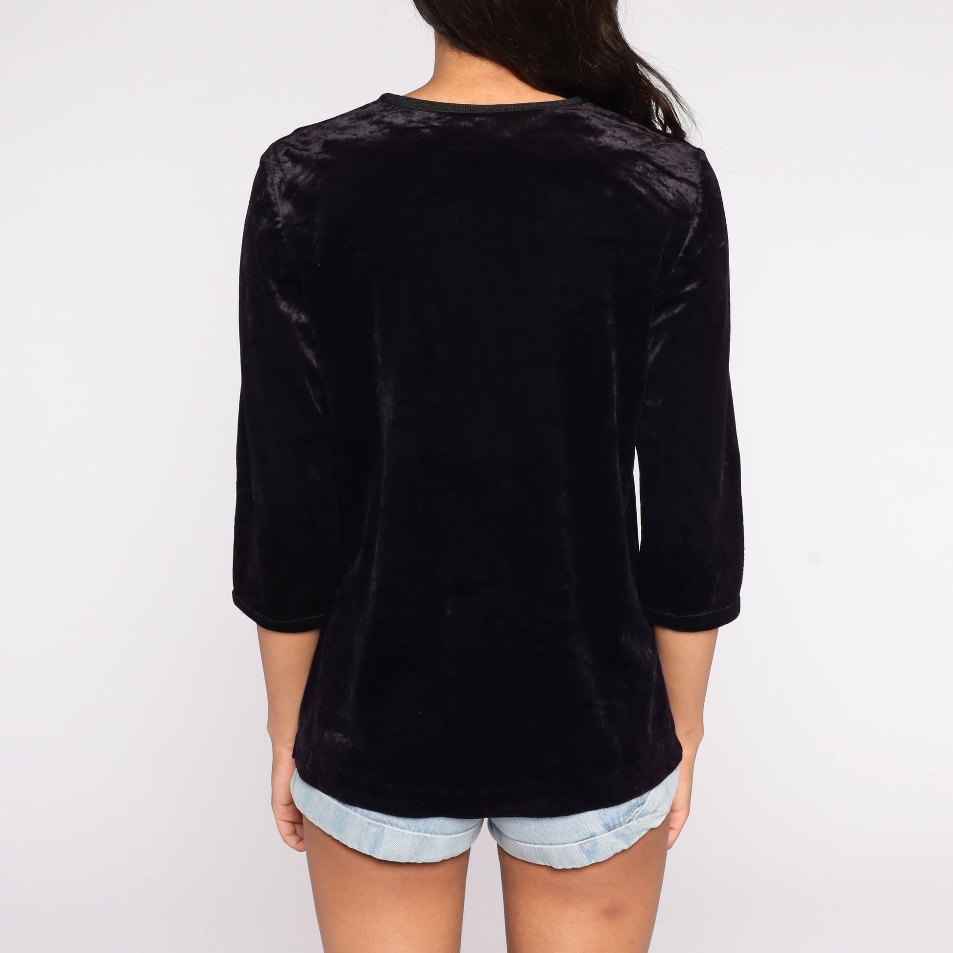 90s Black Velvet Button-Up Blouse Long Sleeve Vintage Shirt Medium