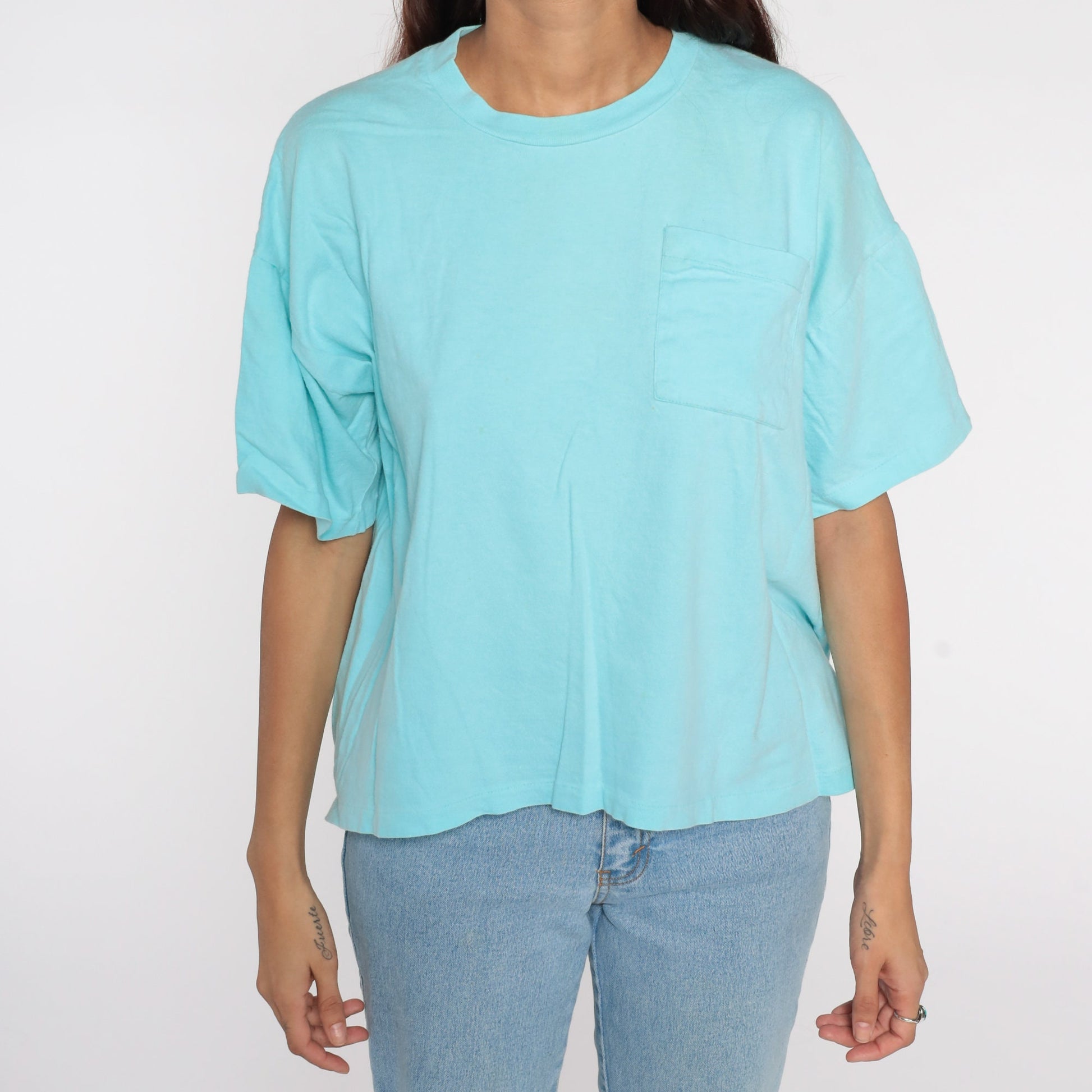 80s Blue Pocket T-Shirt Cotton Plain Crewneck Large