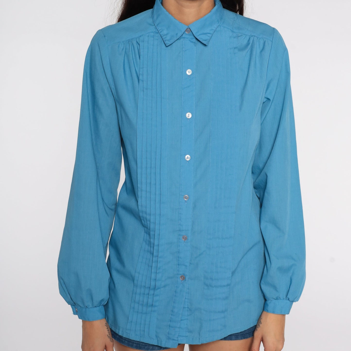 80s Blue Button-Up Blouse Pleated Long Sleeve Shirt Medium