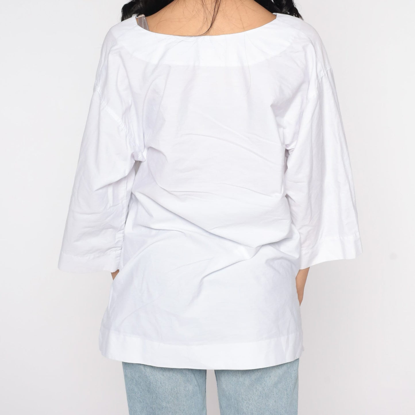 90s White Floral Tunic Blouse Cotton Long Sleeve Top Medium