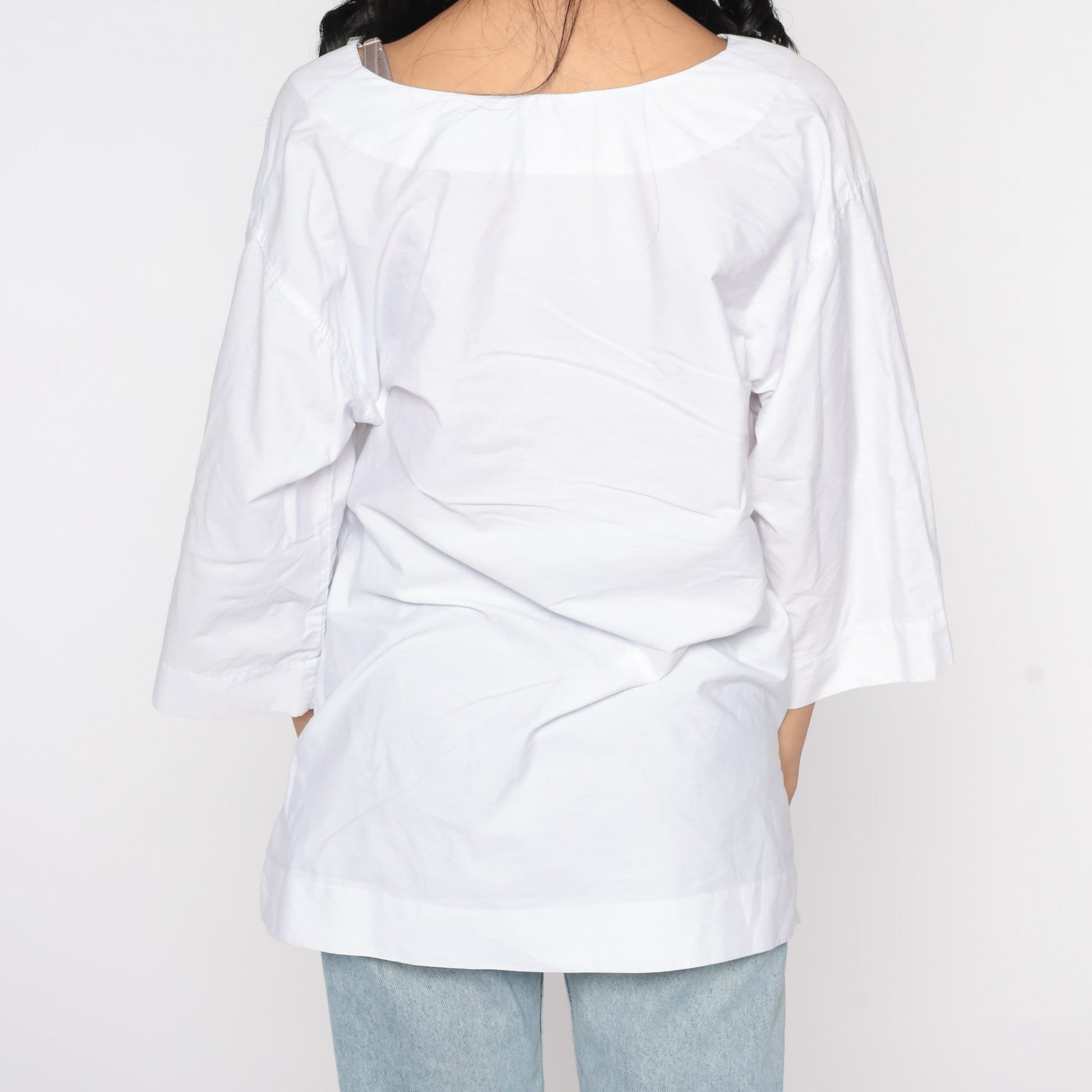 90s White Floral Tunic Blouse Cotton Long Sleeve Top Medium