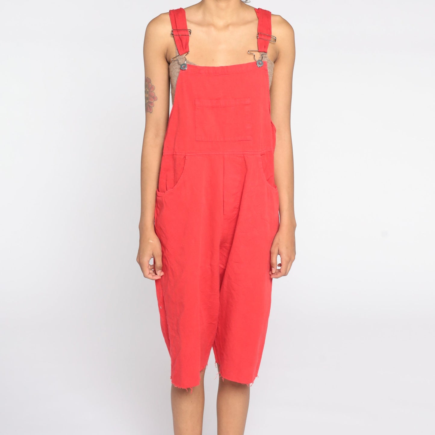 90s Red Cotton Overall Shorts Frayed Cutoff Bib Dungarees Large