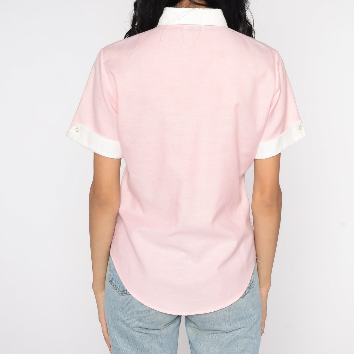 80s Baby Pink Peter Pan Collar Button-Up Blouse Short Sleeve Medium