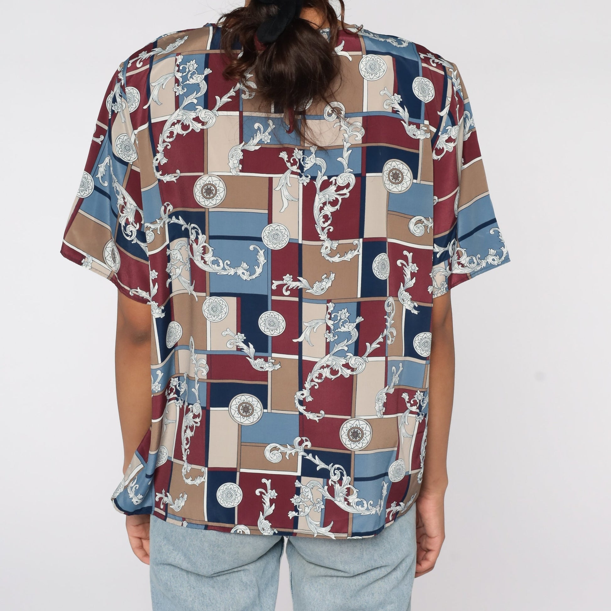 90s Geometric Color Block Blouse Burgundy Blue Polyester Short Sleeve Extra Large