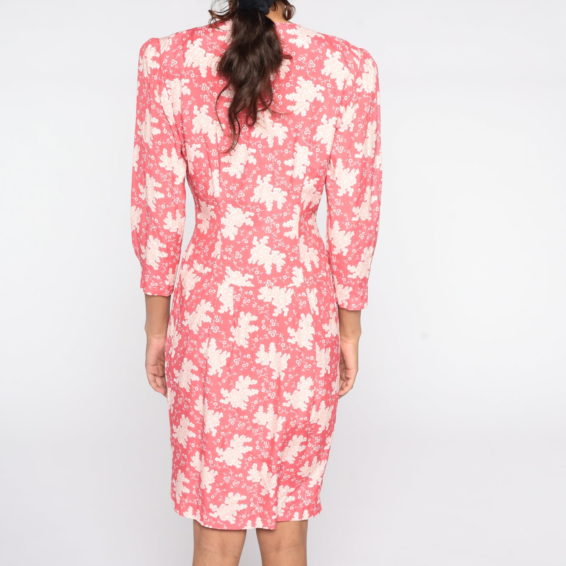 80s Jonathan Martin Floral Mini Dress Puff Sleeve Pink Sheath Small