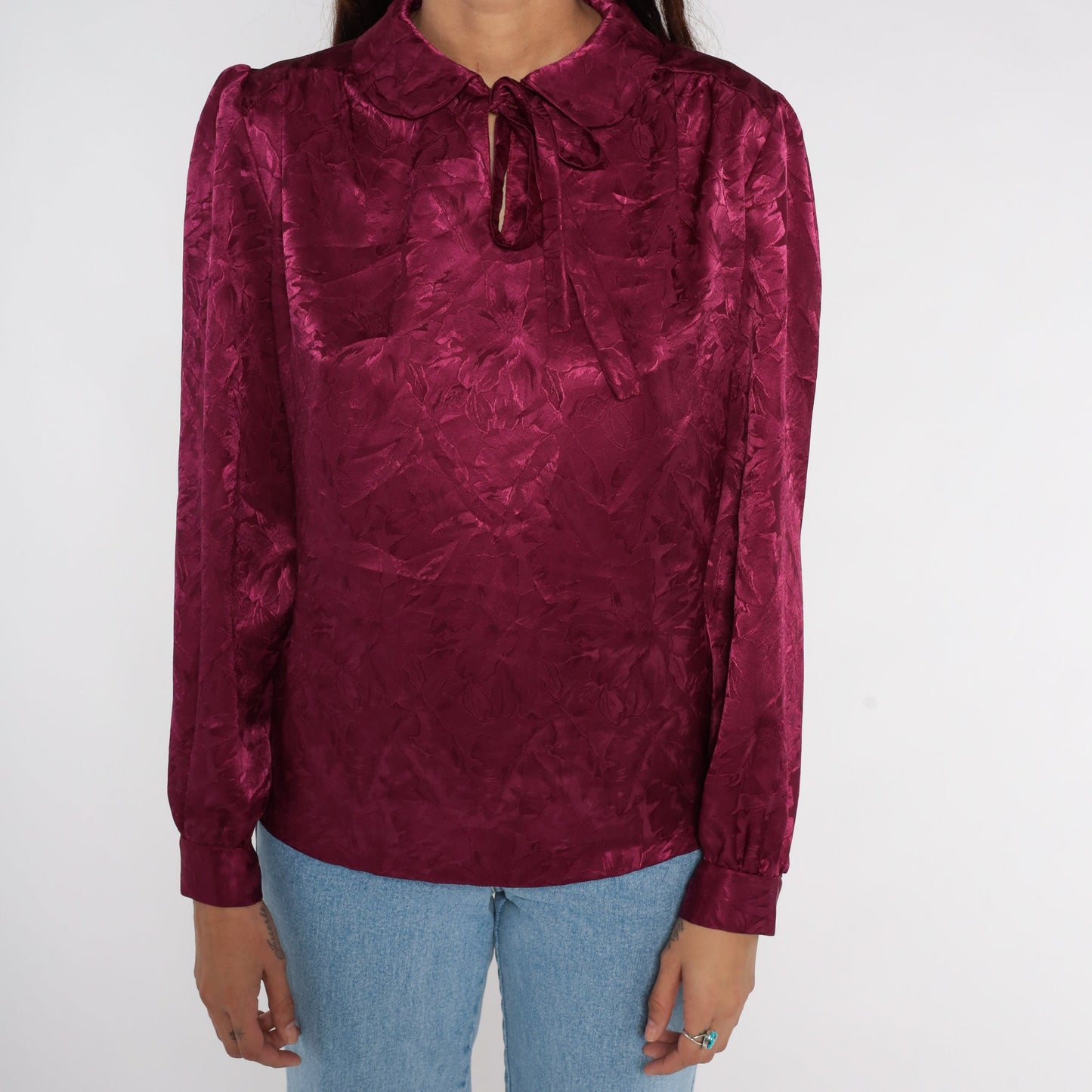 80s Purple Puff Sleeve Blouse Peter Pan Collar Floral Embossed Top Medium Large