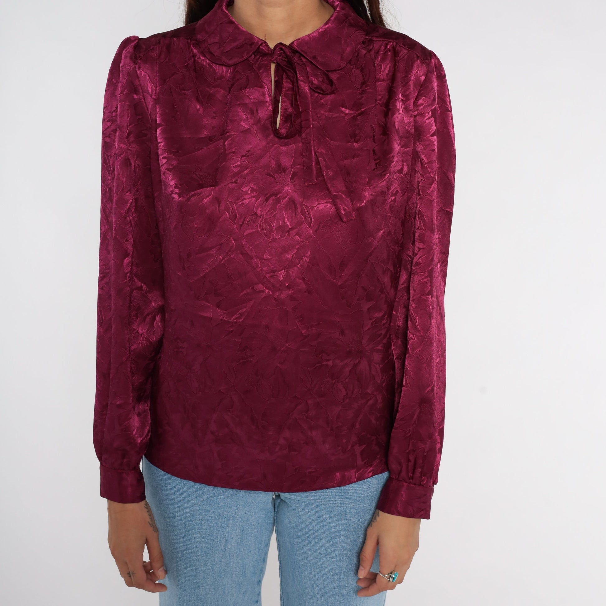 80s Purple Puff Sleeve Blouse Peter Pan Collar Floral Embossed Top Medium Large