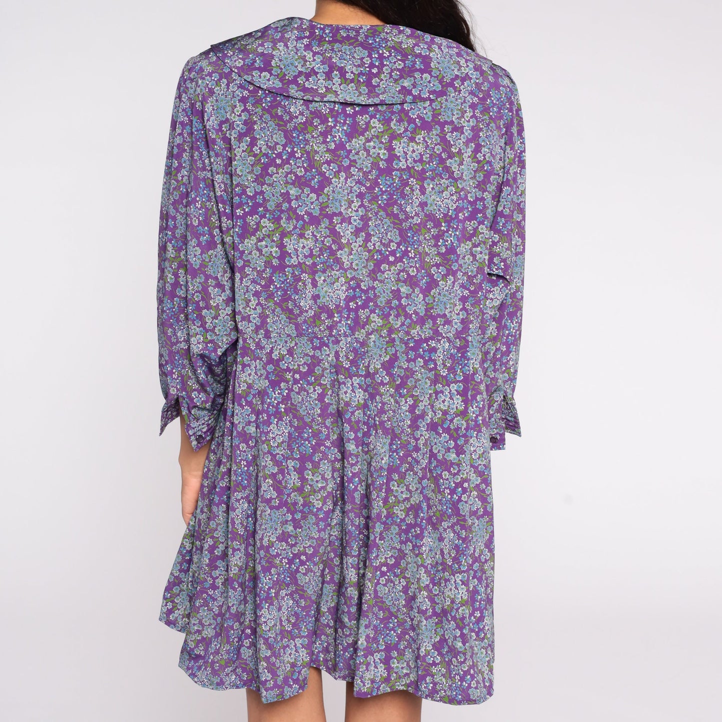 80s Purple Floral Button-Up Mini Dress Ascot Bow Shirtdress High Waist Large
