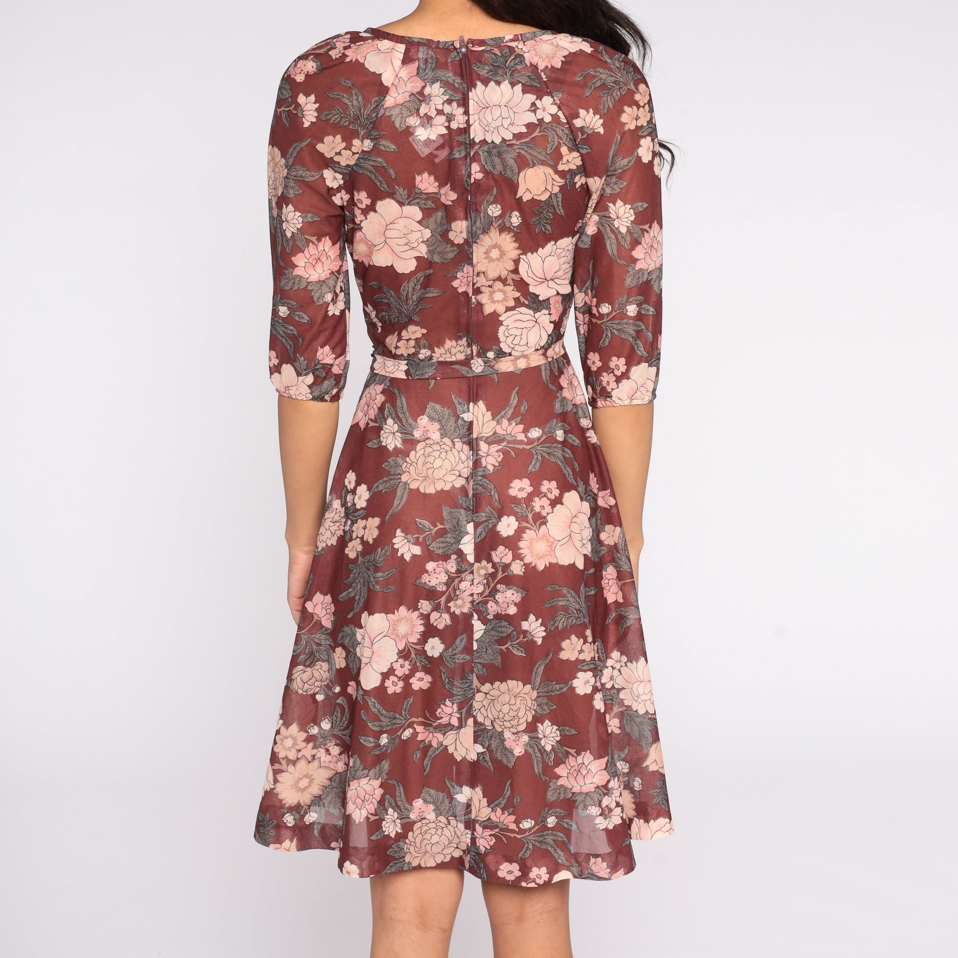 70s Floral Midi Dress Brown Pink High Waist 3/4 Sleeve Keyhole Extra Small