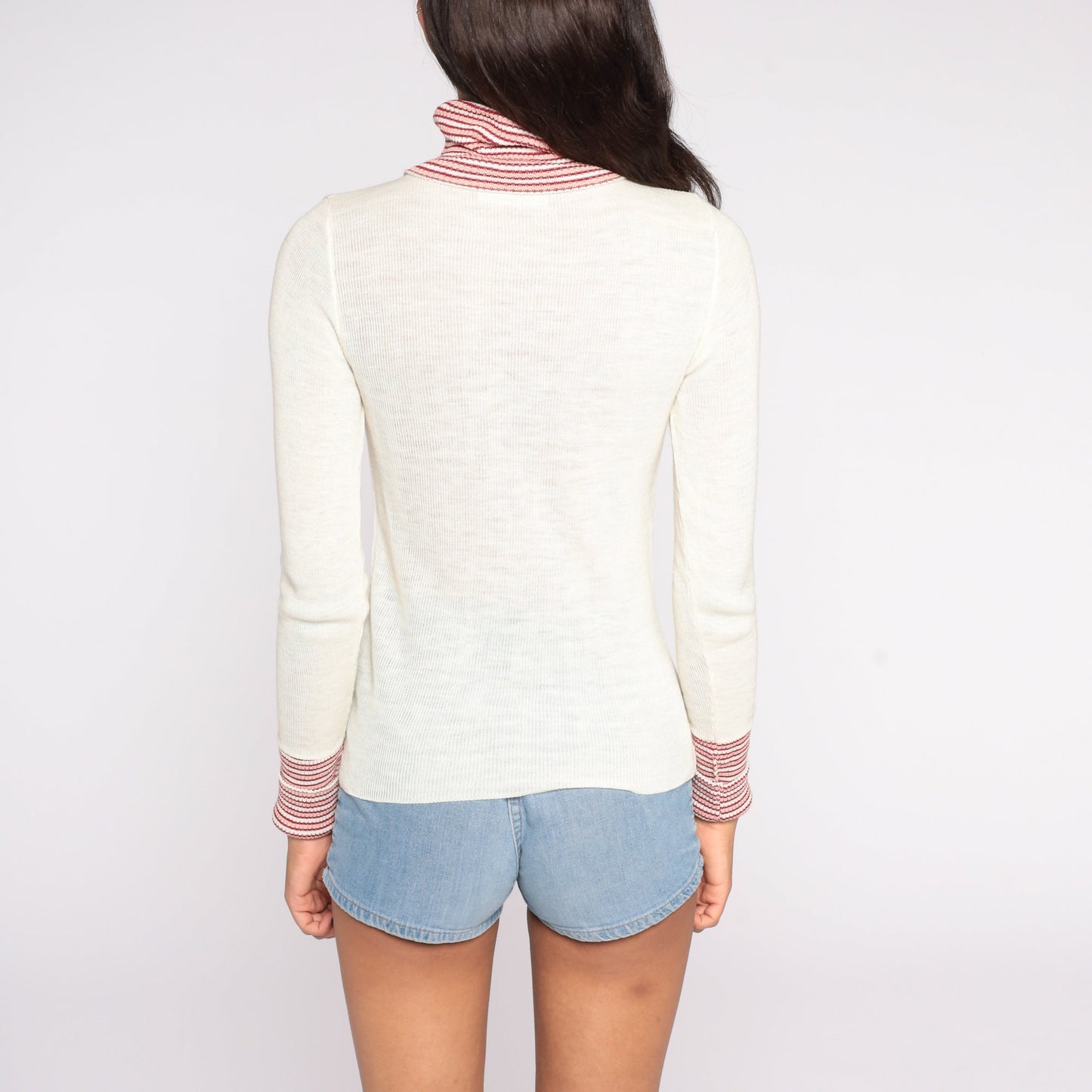 70s Striped Turtleneck Sweater Off-White Knit Pullover Small S