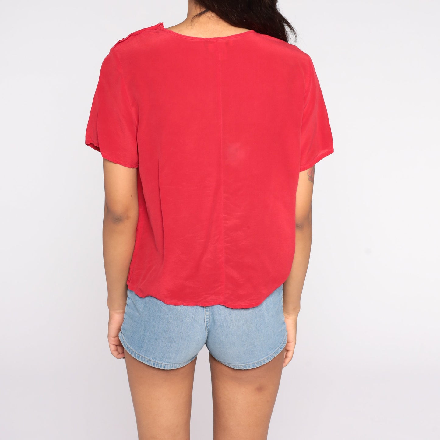 80s Red Silk Button-Up Blouse Short Sleeve Shirt Medium