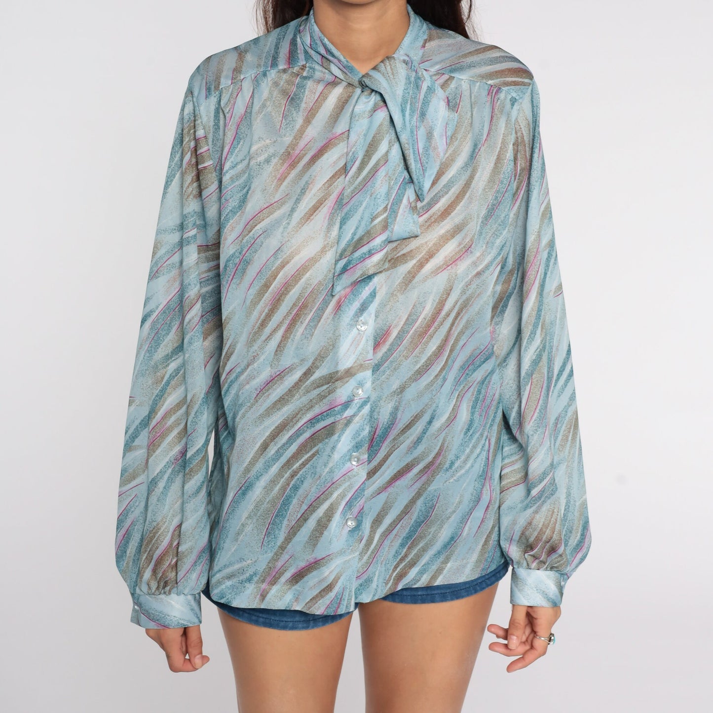 70s Sheer Ascot Blouse Blue Brushstroke Print Button-Up Long Sleeve Extra Large