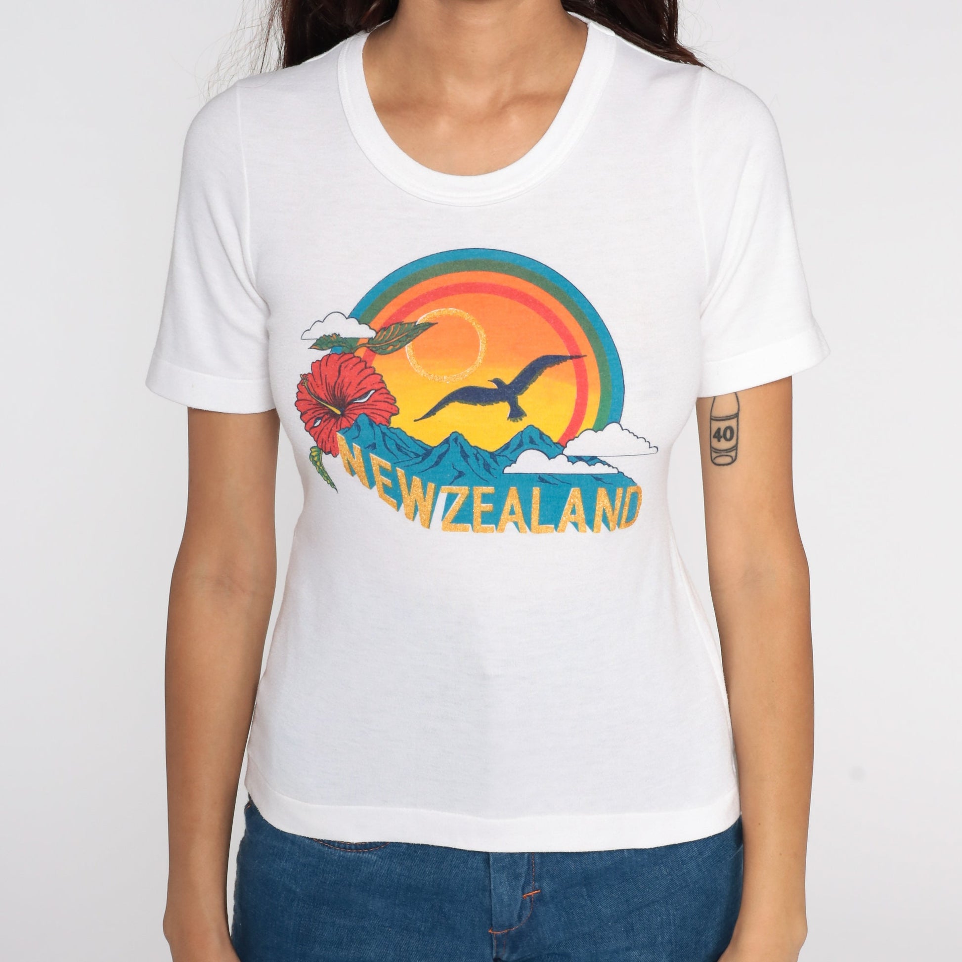 80s New Zealand Graphic Tee Rainbow Sunset Mountain Single Stitch Small