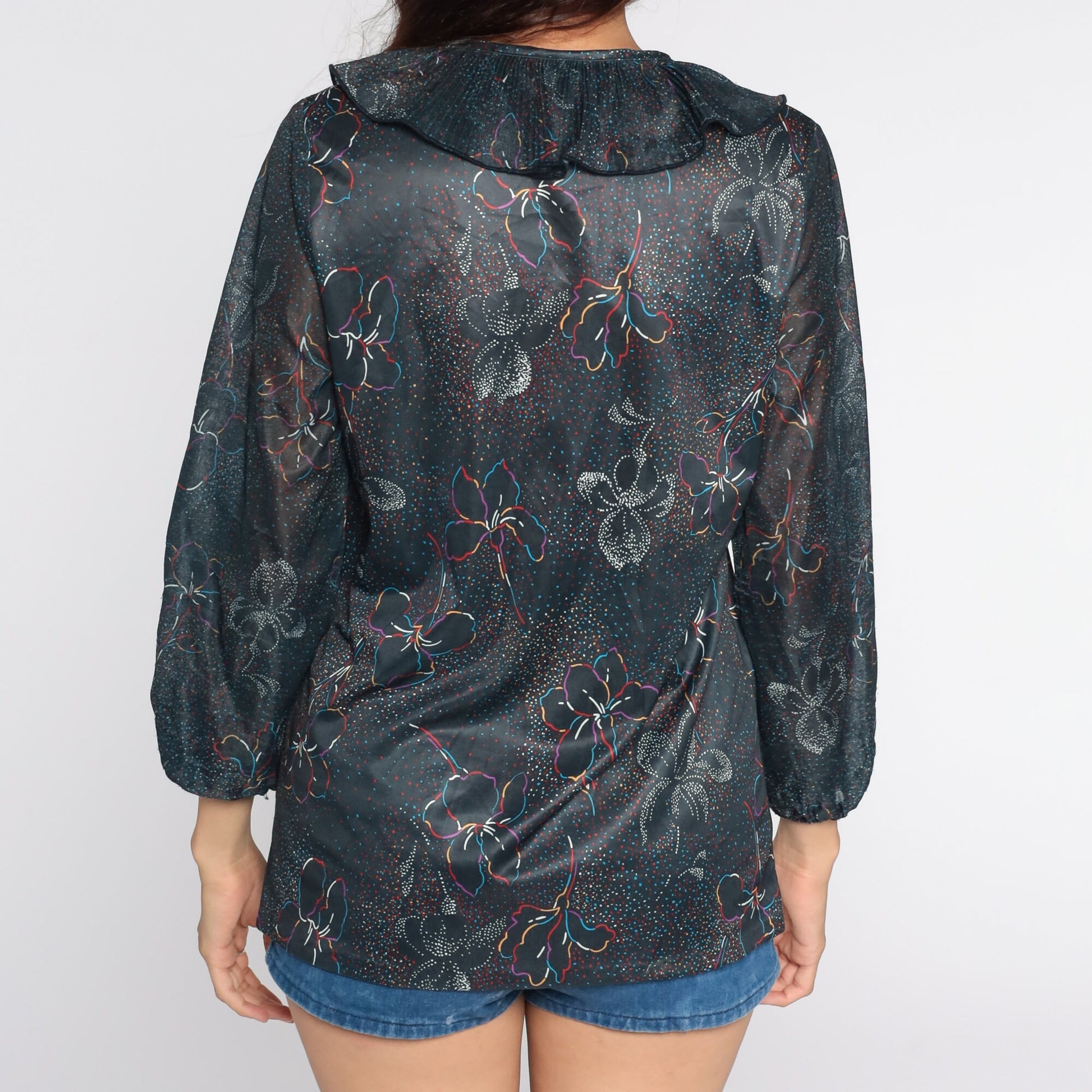70s Black Floral Keyhole Blouse Long Sleeve Shirt Medium
