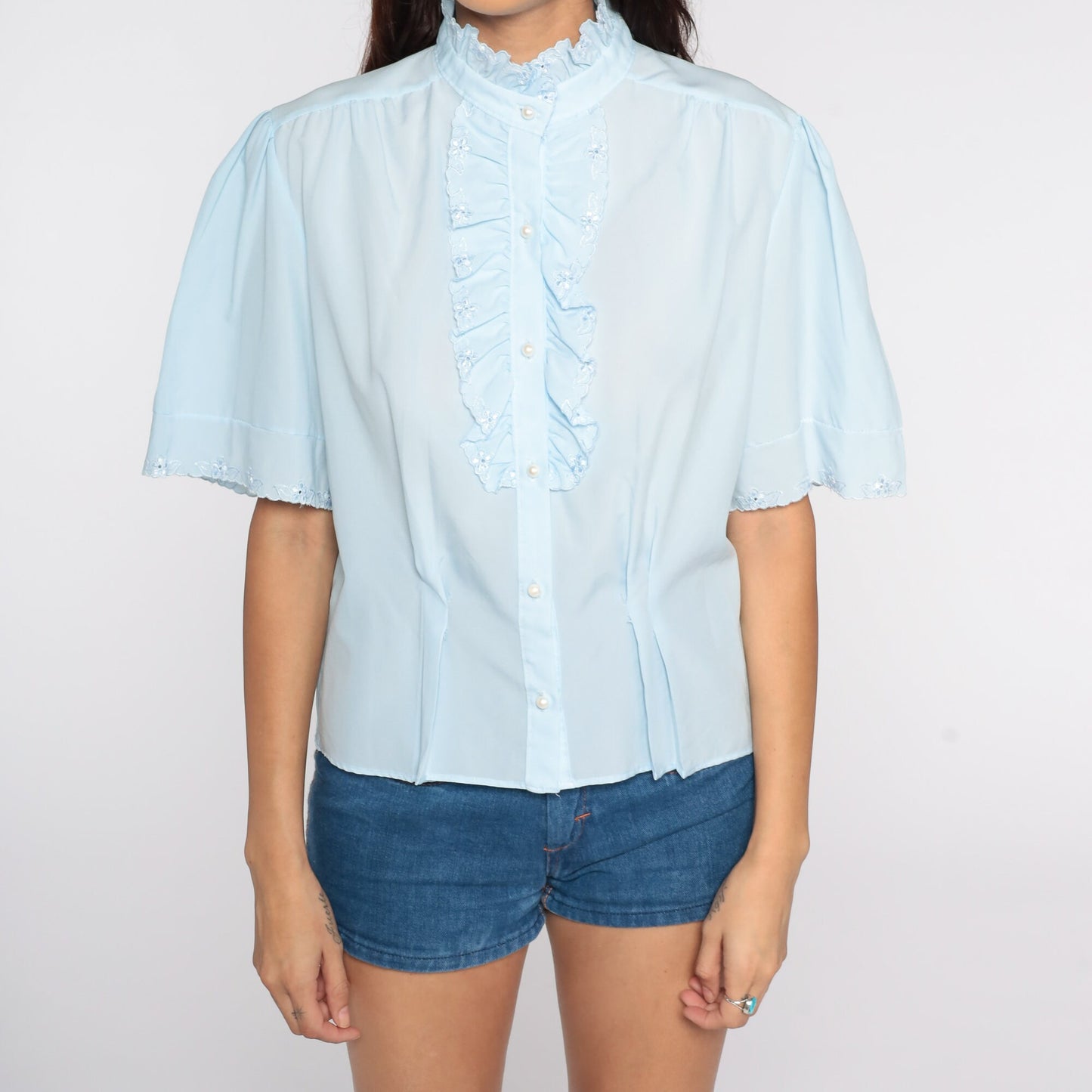 80s Baby Blue Ruffle Tuxedo Blouse Short Sleeve Button Up Eyelet Extra Large