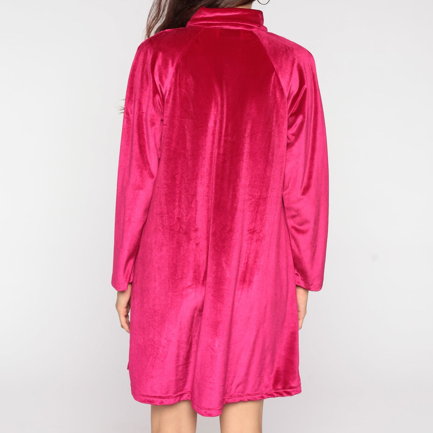 70s Deep Pink Velour Lounge Dress Mini Front Zip Long Sleeve Small