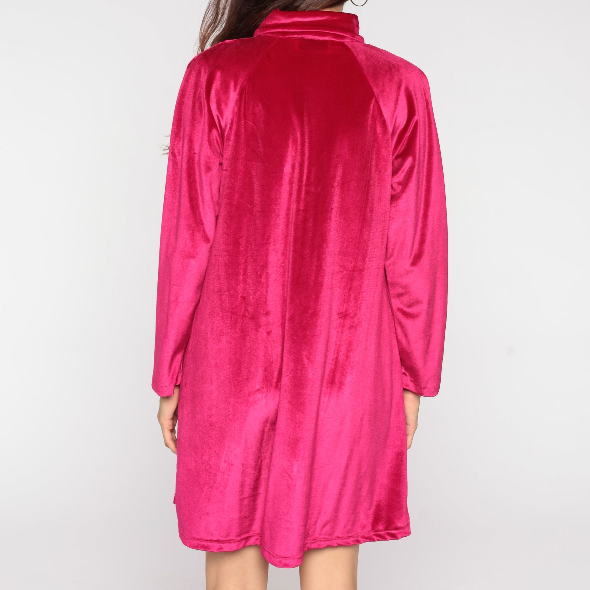 70s Deep Pink Velour Lounge Dress Mini Front Zip Long Sleeve Small