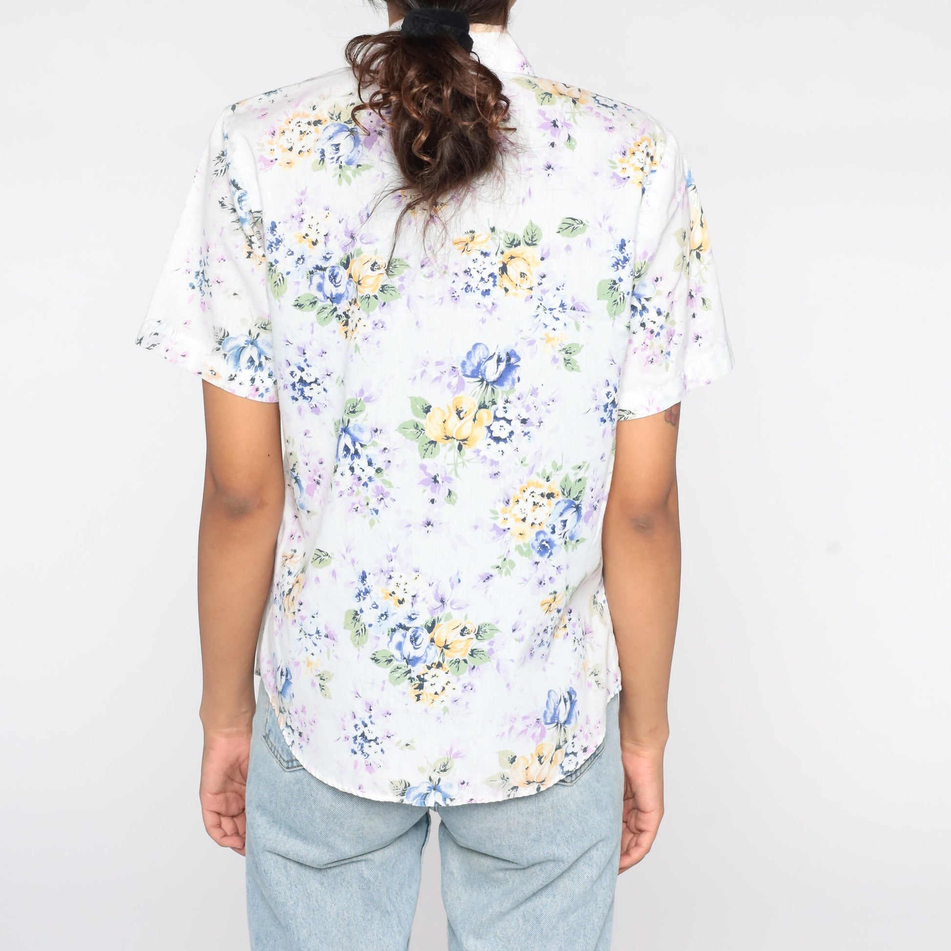 90s Blue Floral Button-Up Shirt Short Sleeve Cotton Blouse Small Petite