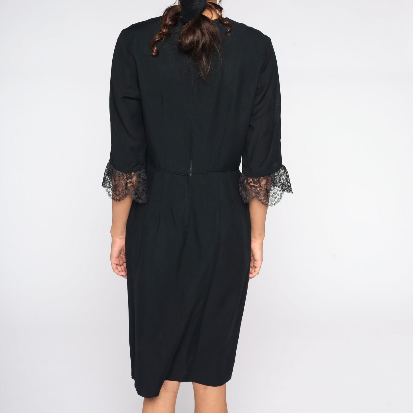 1960s Black Lace Sheath Dress High Waist Tea Length Small