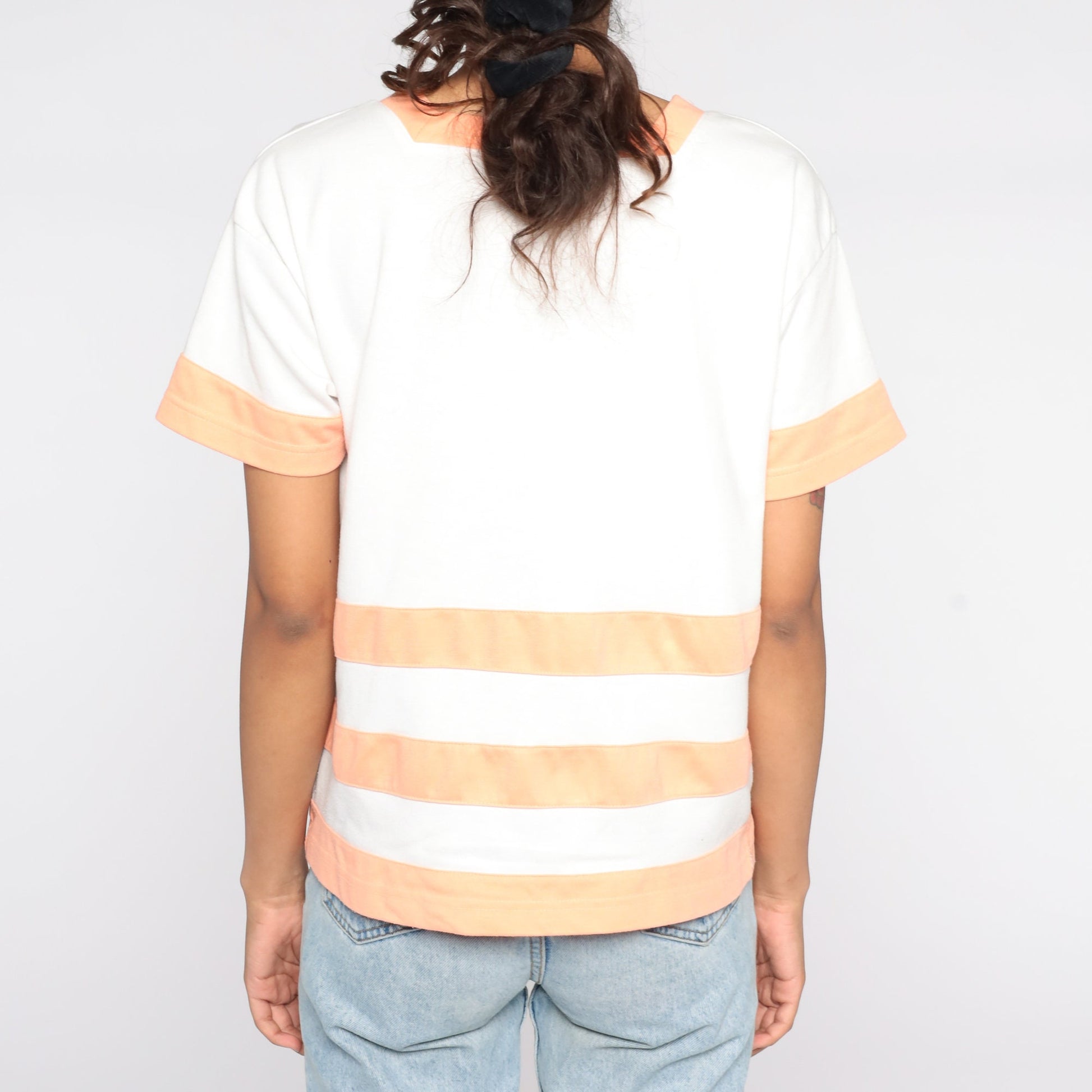 80s Embroidered Crest T-Shirt White Peach Striped Cotton Tee Large L