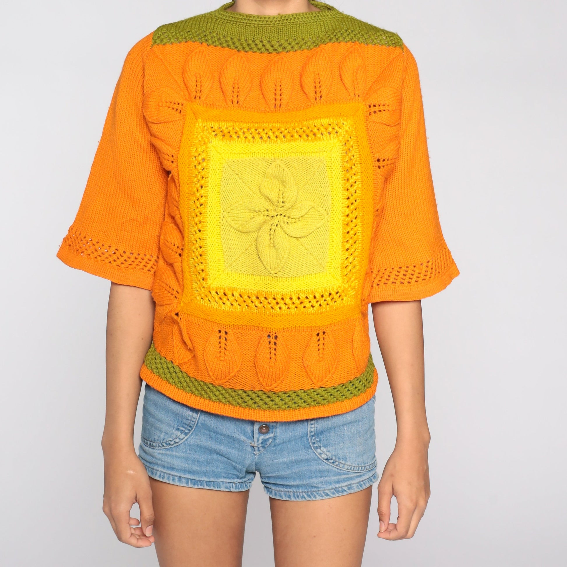 70s Wool Bell Sleeve Sweater Yellow Orange Colourblock Knit Medium