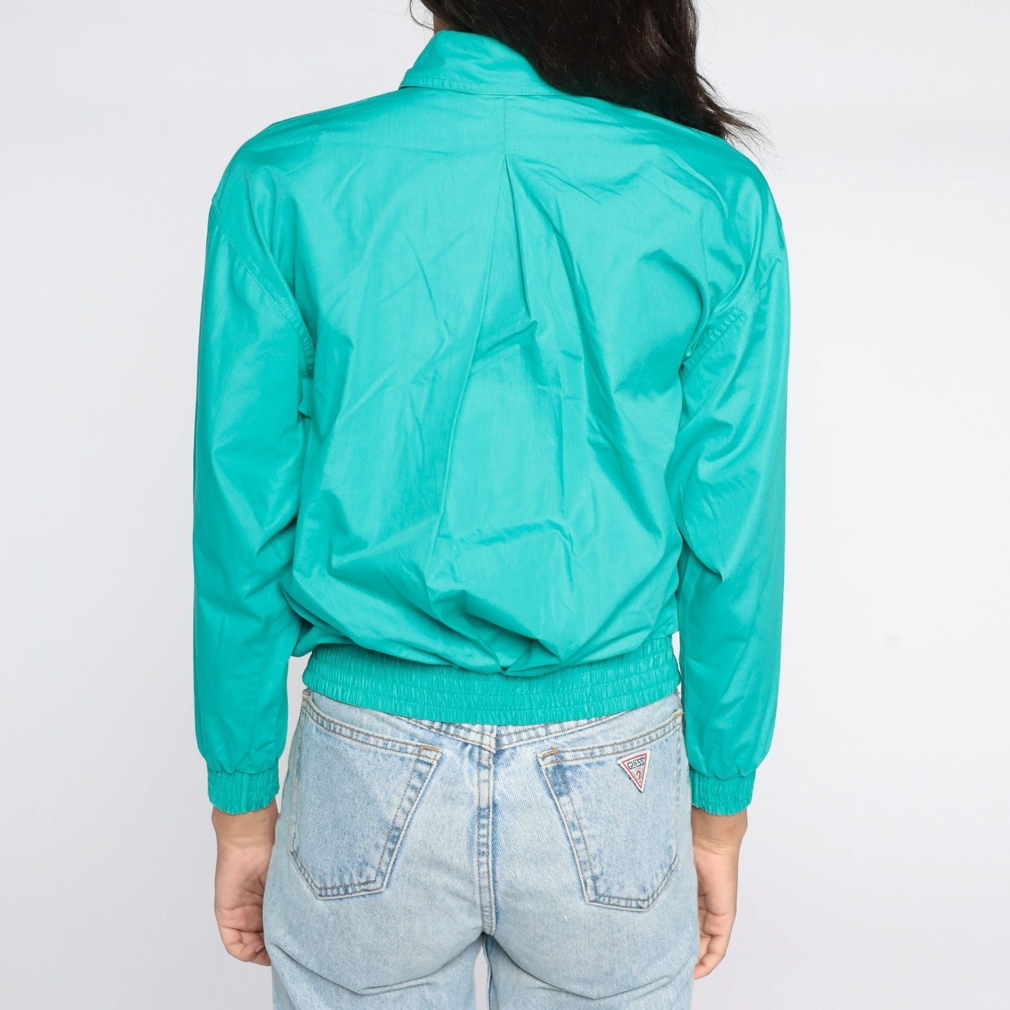 80s Turquoise Bomber Jacket Button-Up Windbreaker Small S