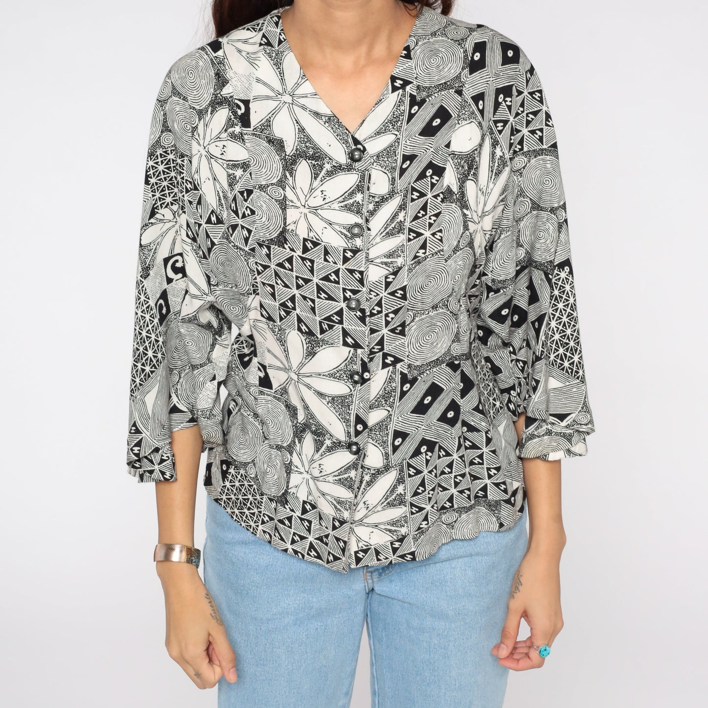 90s Black Floral Button Up Blouse Bell Sleeve Shirt Small Medium