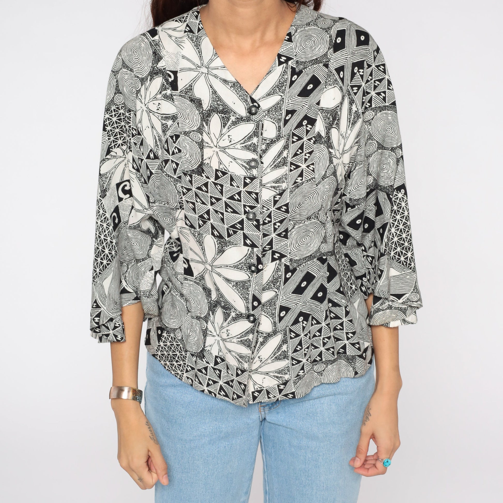 90s Black Floral Button Up Blouse Bell Sleeve Shirt Small Medium