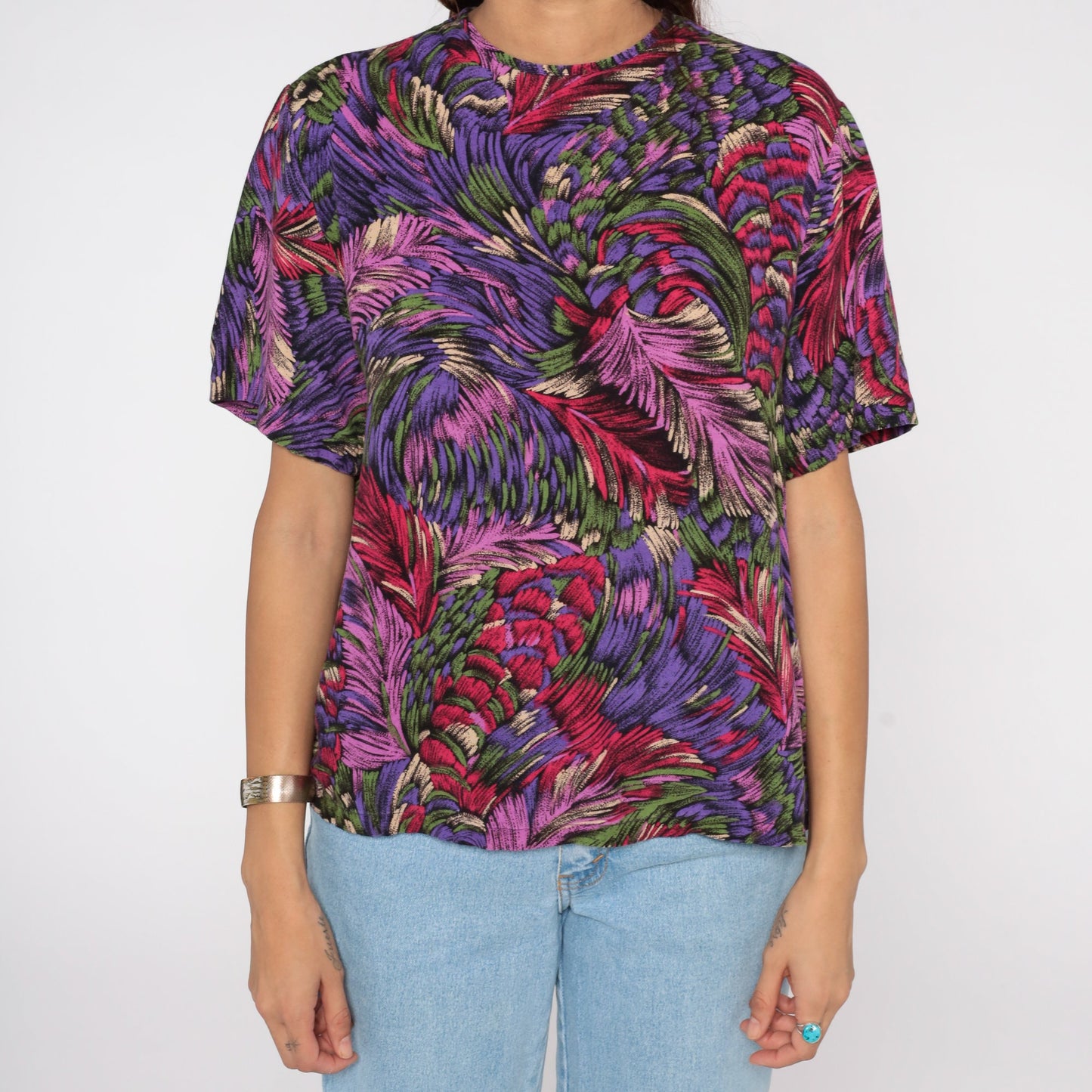 80s Feather Print Shirt Purple Graphic Blouse Medium