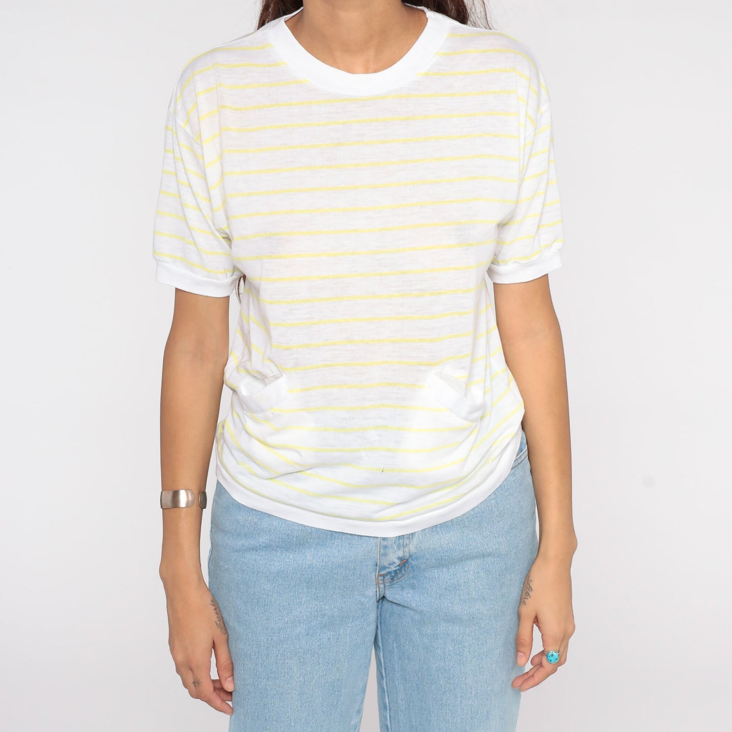 80s Yellow White Striped Pocket Shirt Short Sleeve Cotton Blend Medium